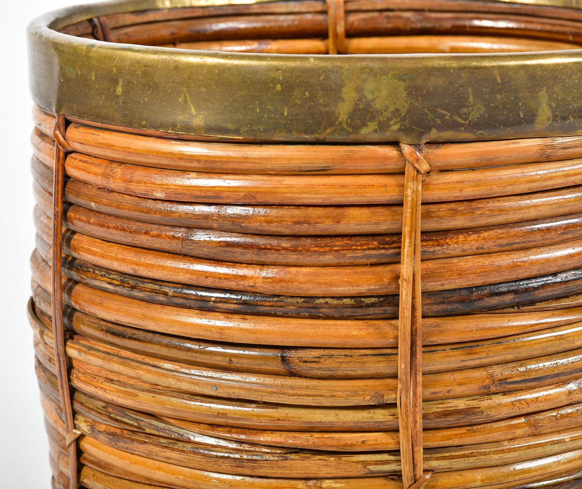 Mid-Century Modern Vintage Rattan and Brass Log Basket/Planter