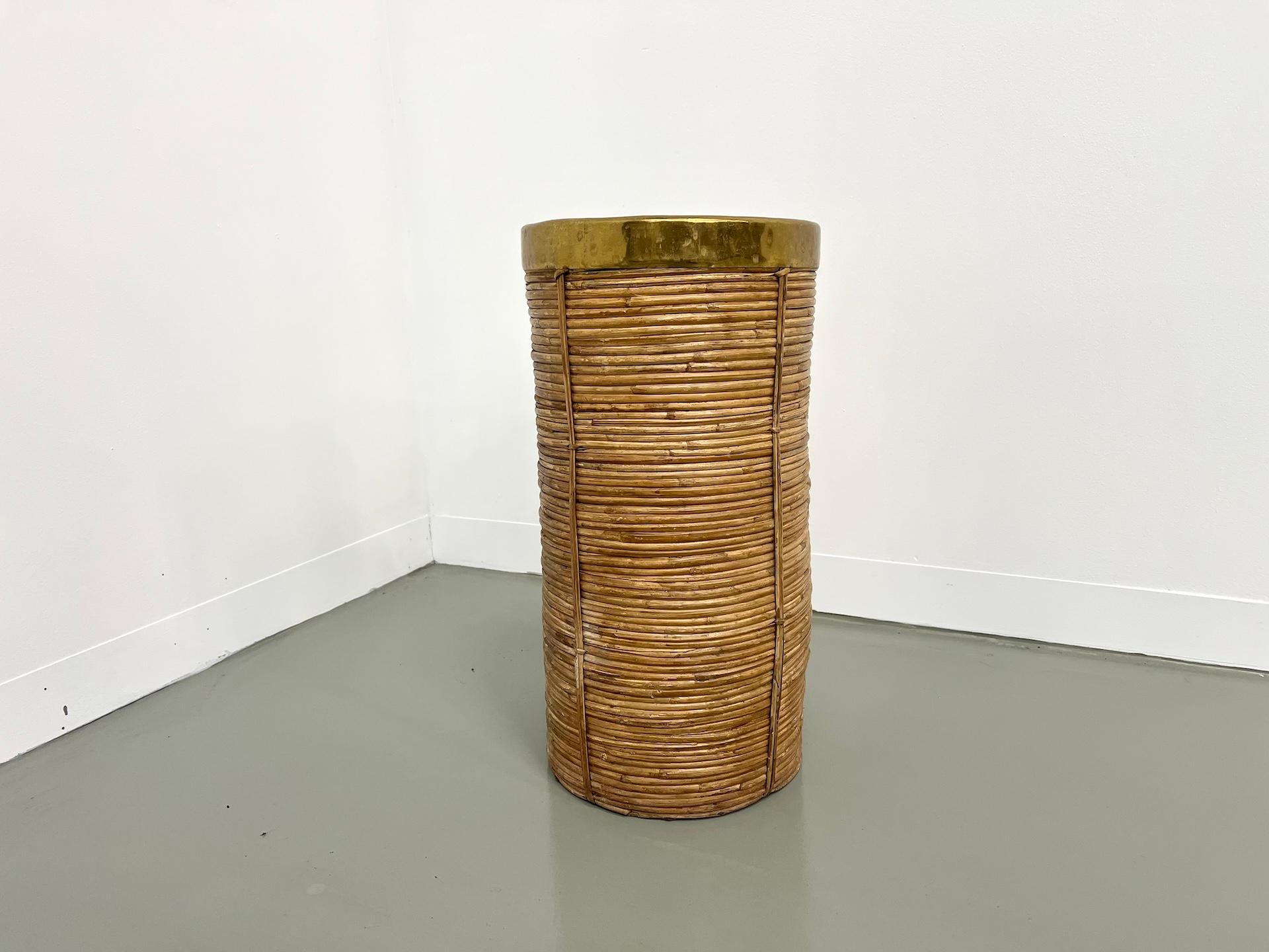 Late 20th Century Vintage rattan and brass umbrella stand, Italy 1970s For Sale