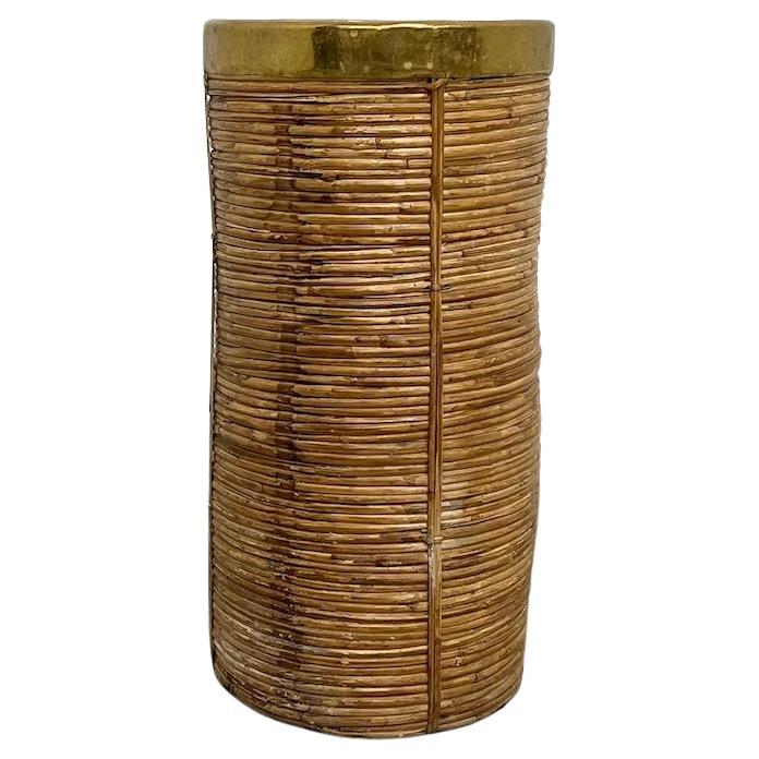 Vintage rattan and brass umbrella stand, Italy 1970s