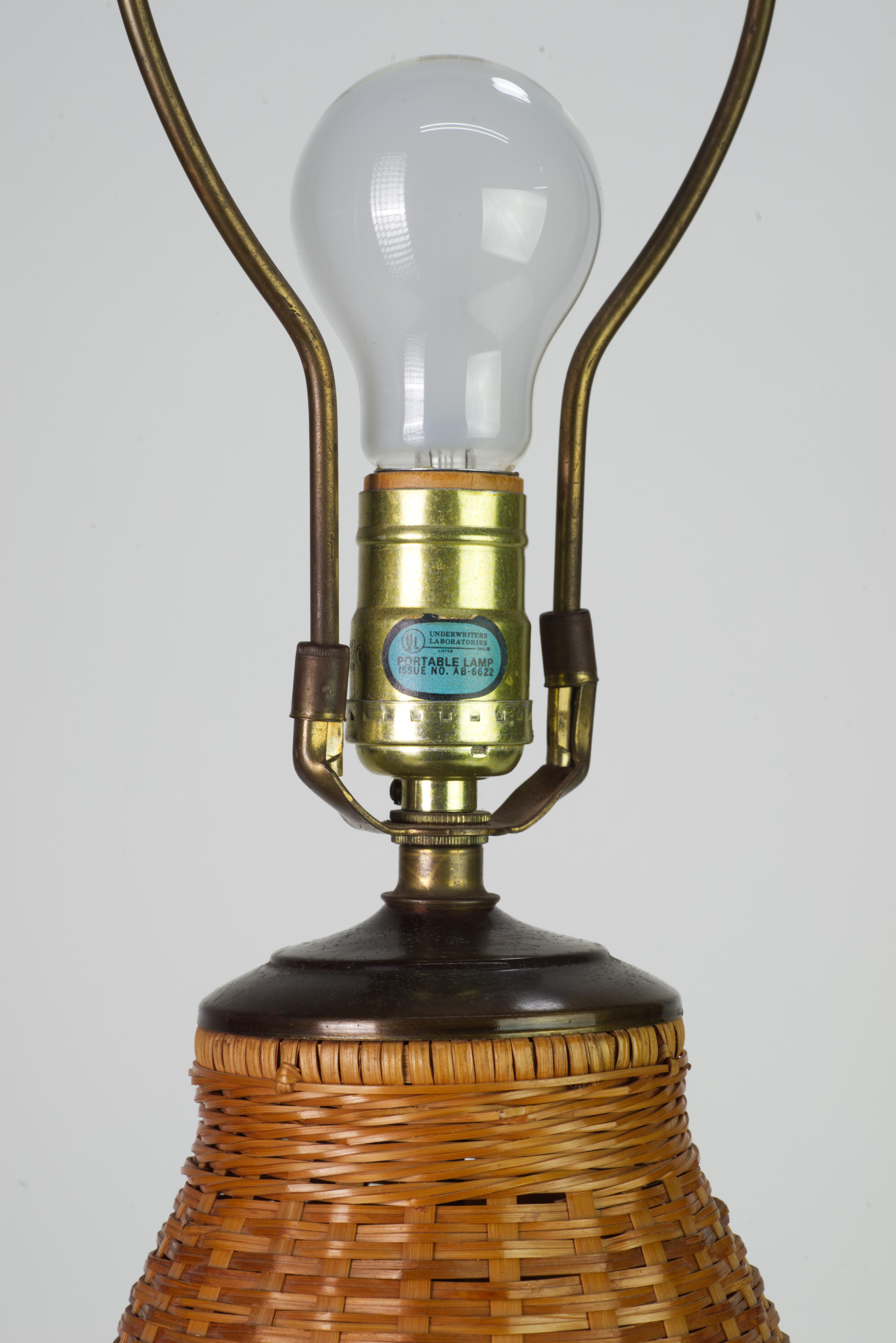 Vintage Rattan and Bronze Organic Modern Table Lamp In Good Condition For Sale In Clifton Springs, NY
