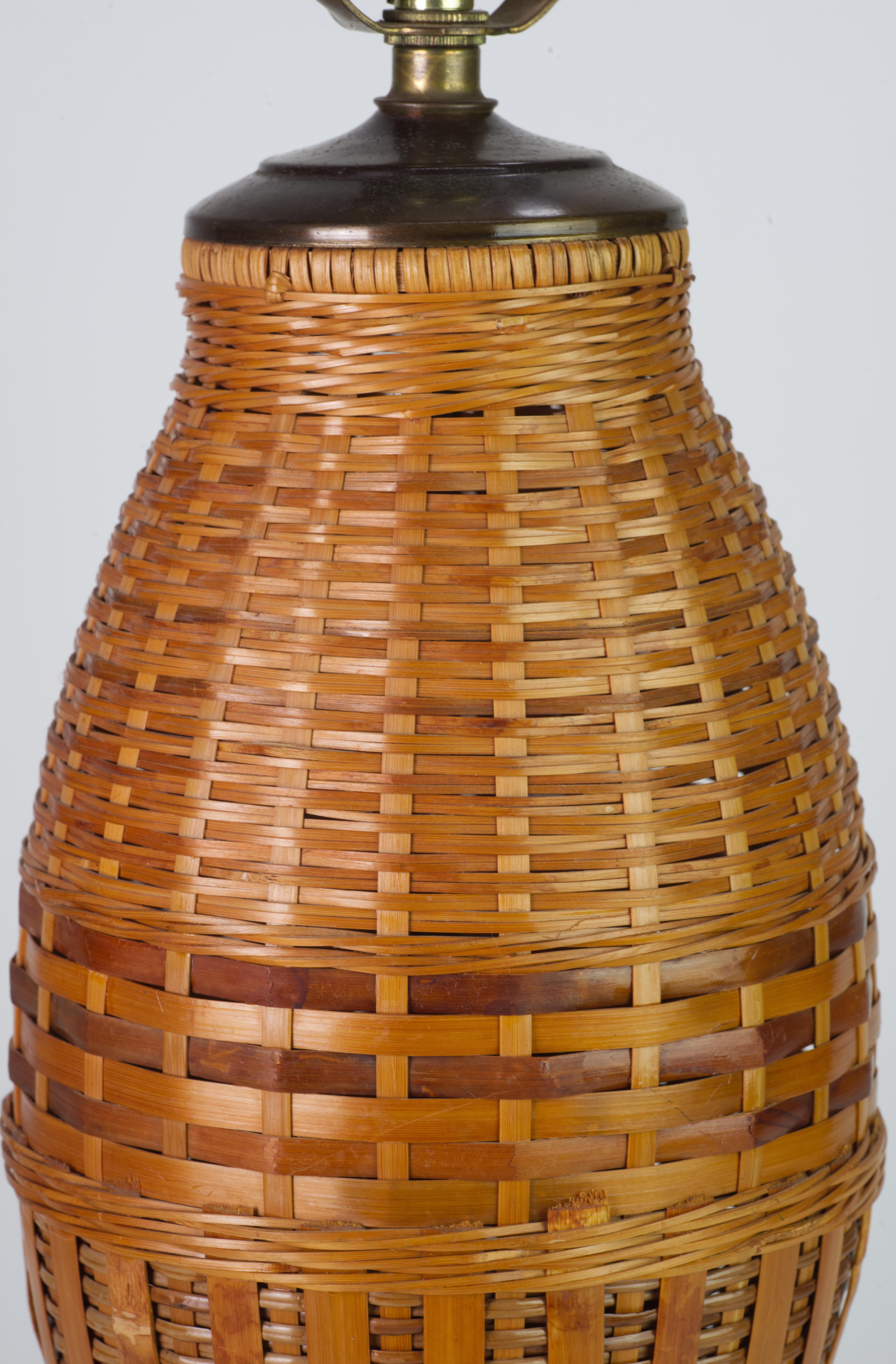 20th Century Vintage Rattan and Bronze Organic Modern Table Lamp For Sale