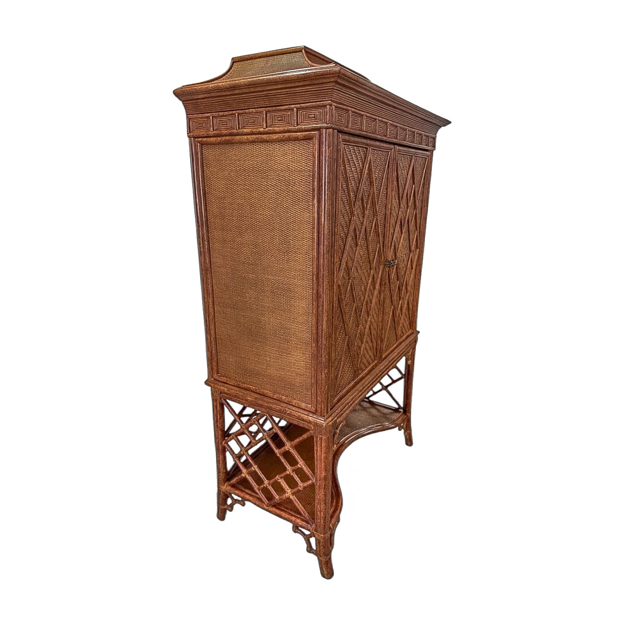 Chinoiserie Vintage Rattan and Cane Armoire with Diamond-Weave Doors For Sale