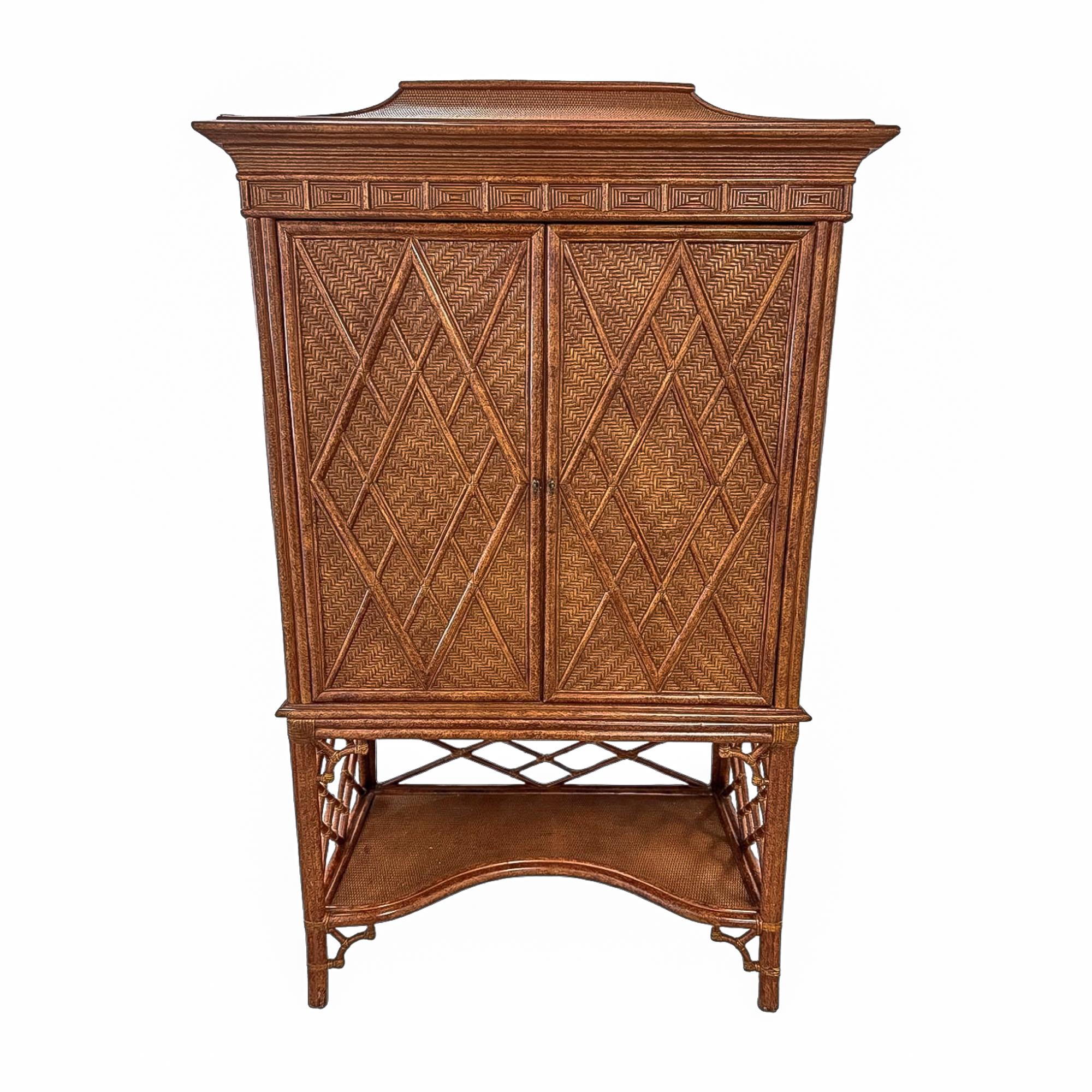 Stained Vintage Rattan and Cane Armoire with Diamond-Weave Doors For Sale