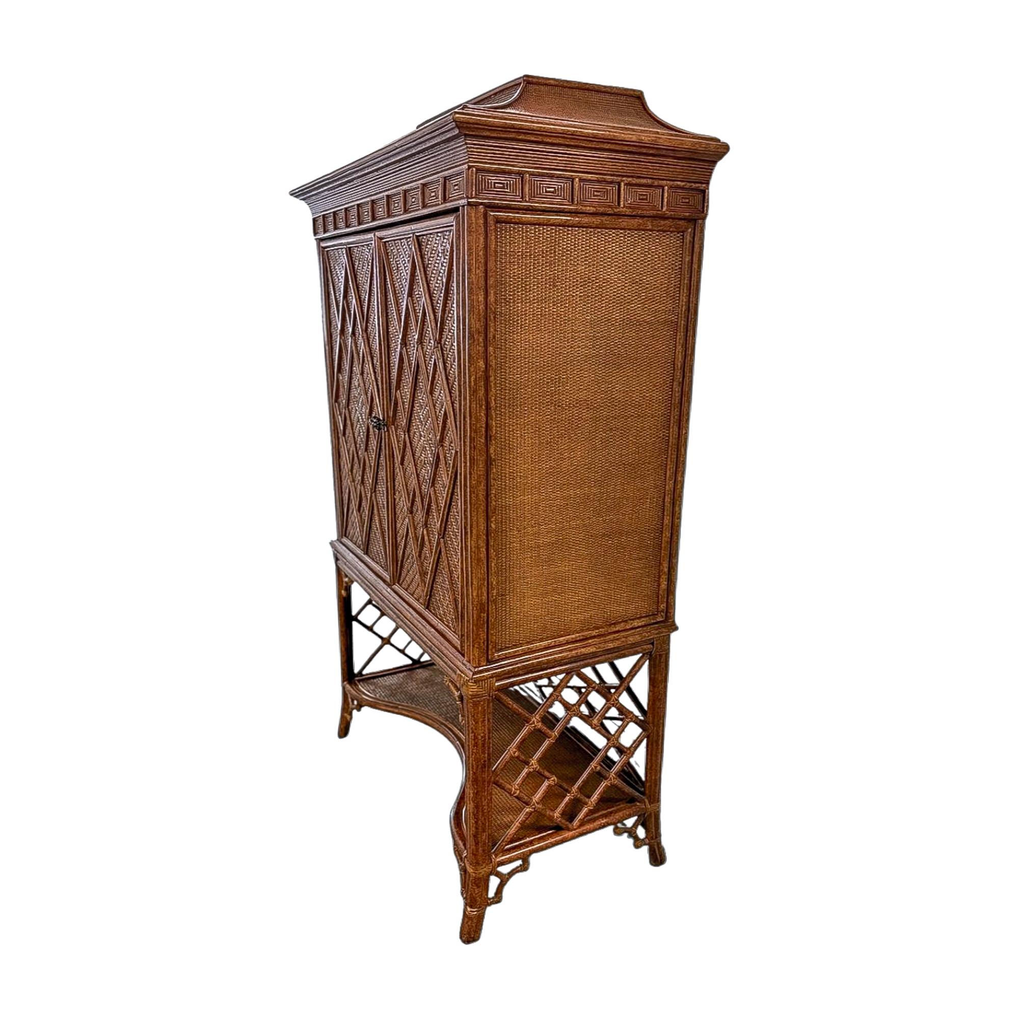 Vintage Rattan and Cane Armoire with Diamond-Weave Doors In Good Condition For Sale In Sarasota, FL