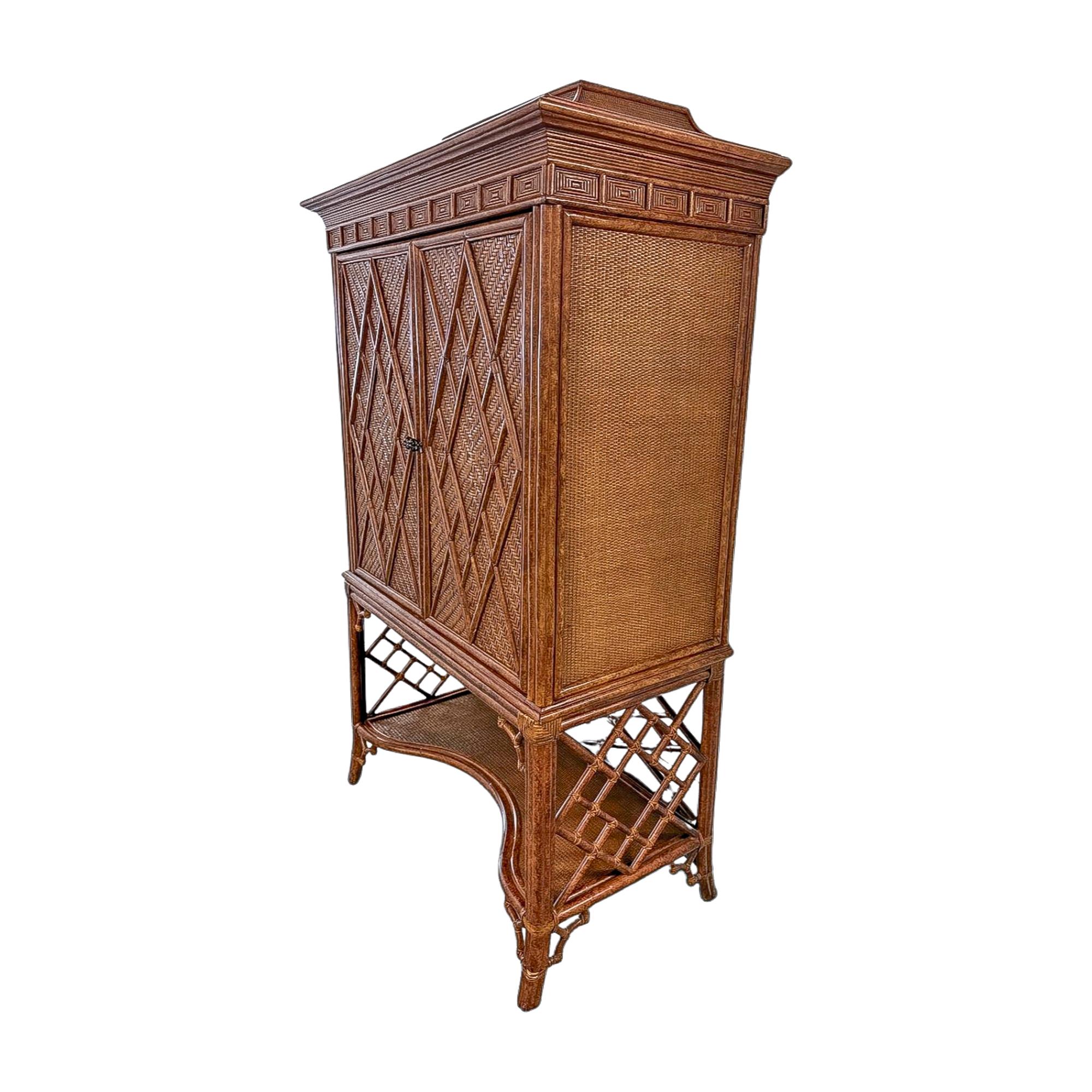 20th Century Vintage Rattan and Cane Armoire with Diamond-Weave Doors For Sale