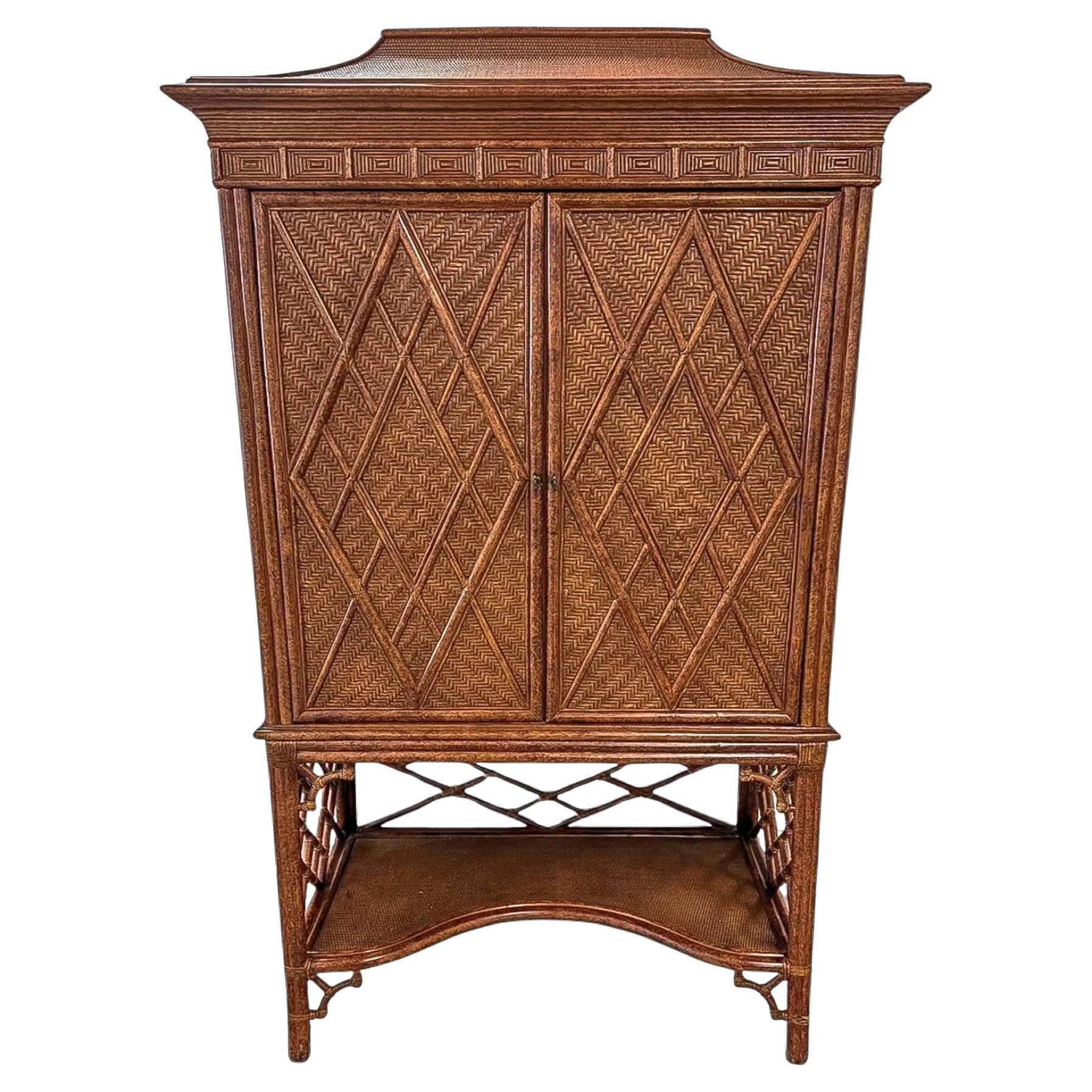 Vintage Rattan and Cane Armoire with Diamond-Weave Doors For Sale