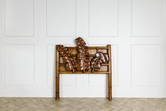 Vintage Rattan and Carved Wood Palm Leaf Queen Headboard