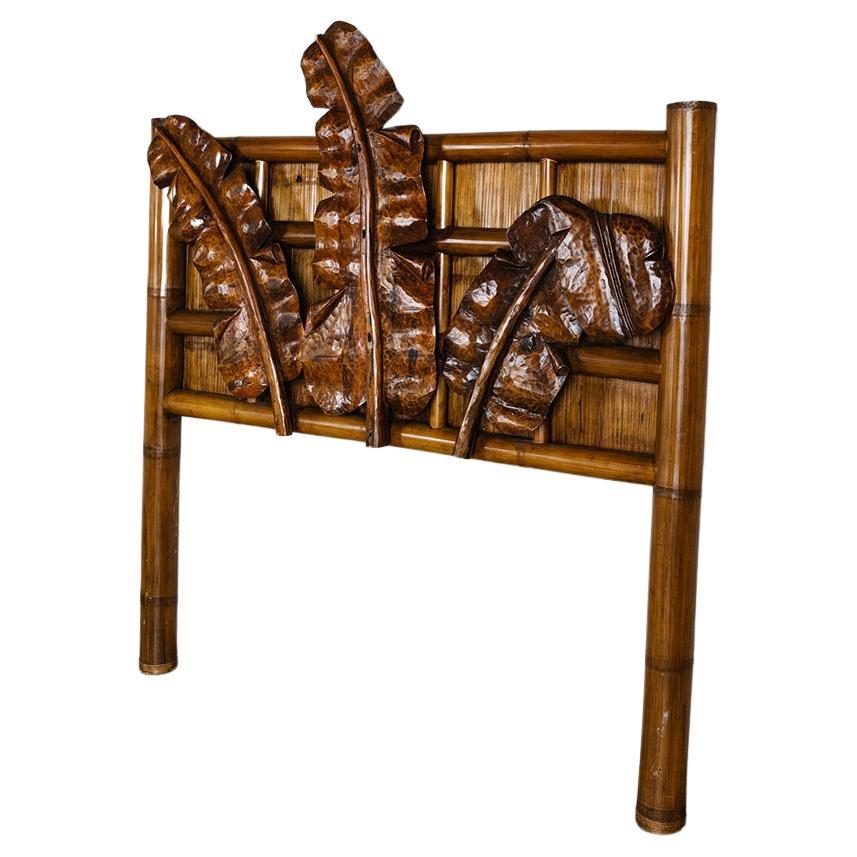 Vintage Rattan and Carved Wood Palm Leaf Queen Headboard For Sale