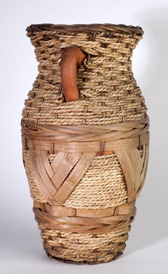 Vintage Rattan and Ceramics Organic Modern Vase with Handles