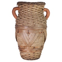 Organische moderne Vintage-Vase aus Rattan und Keramik mit Henkeln aus Rattan und Keramik