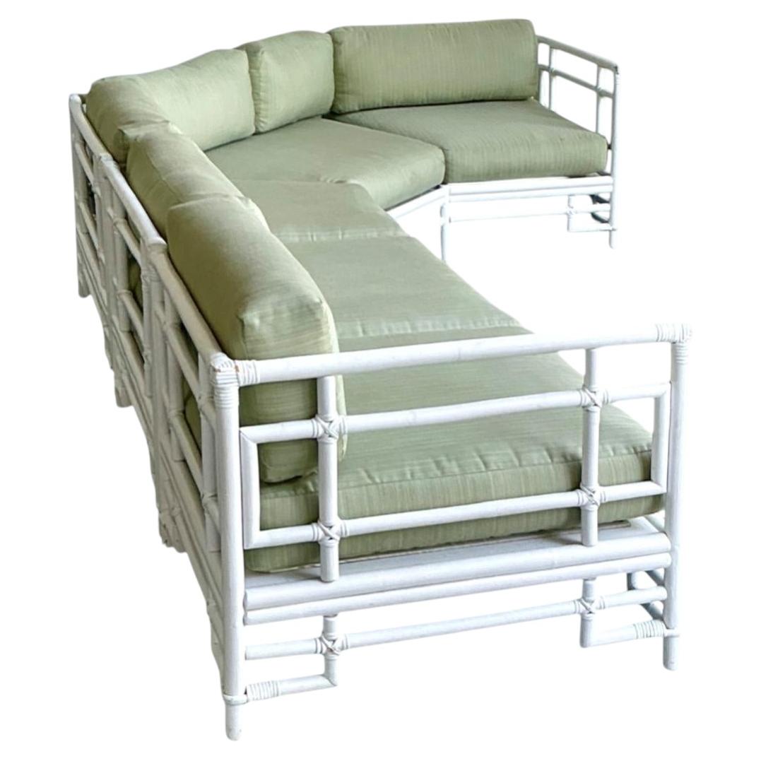 Vintage Rattan and Fabric Sectional Sofa After Ficks Reed For Sale
