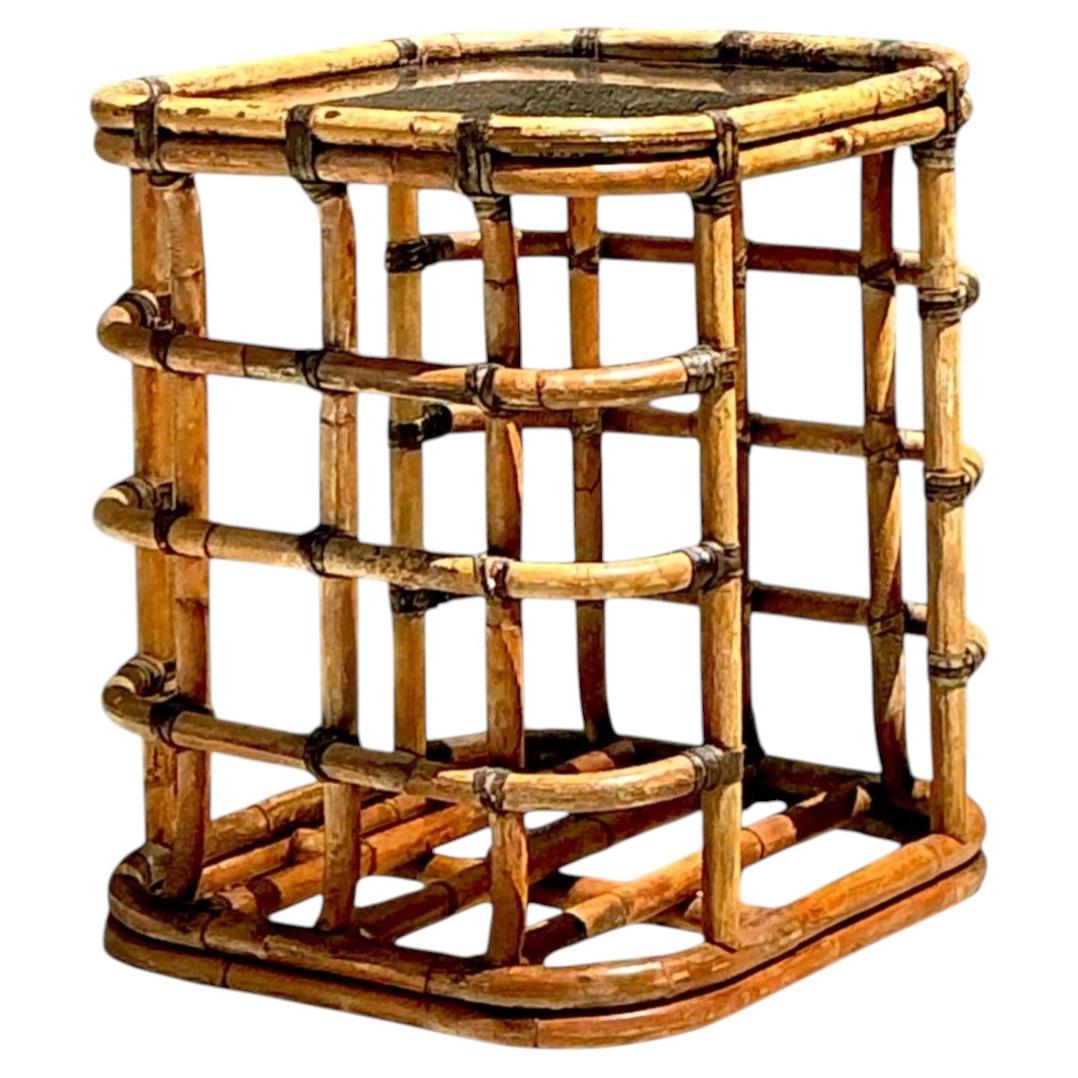 Vintage Rattan and Glass Accent Table For Sale