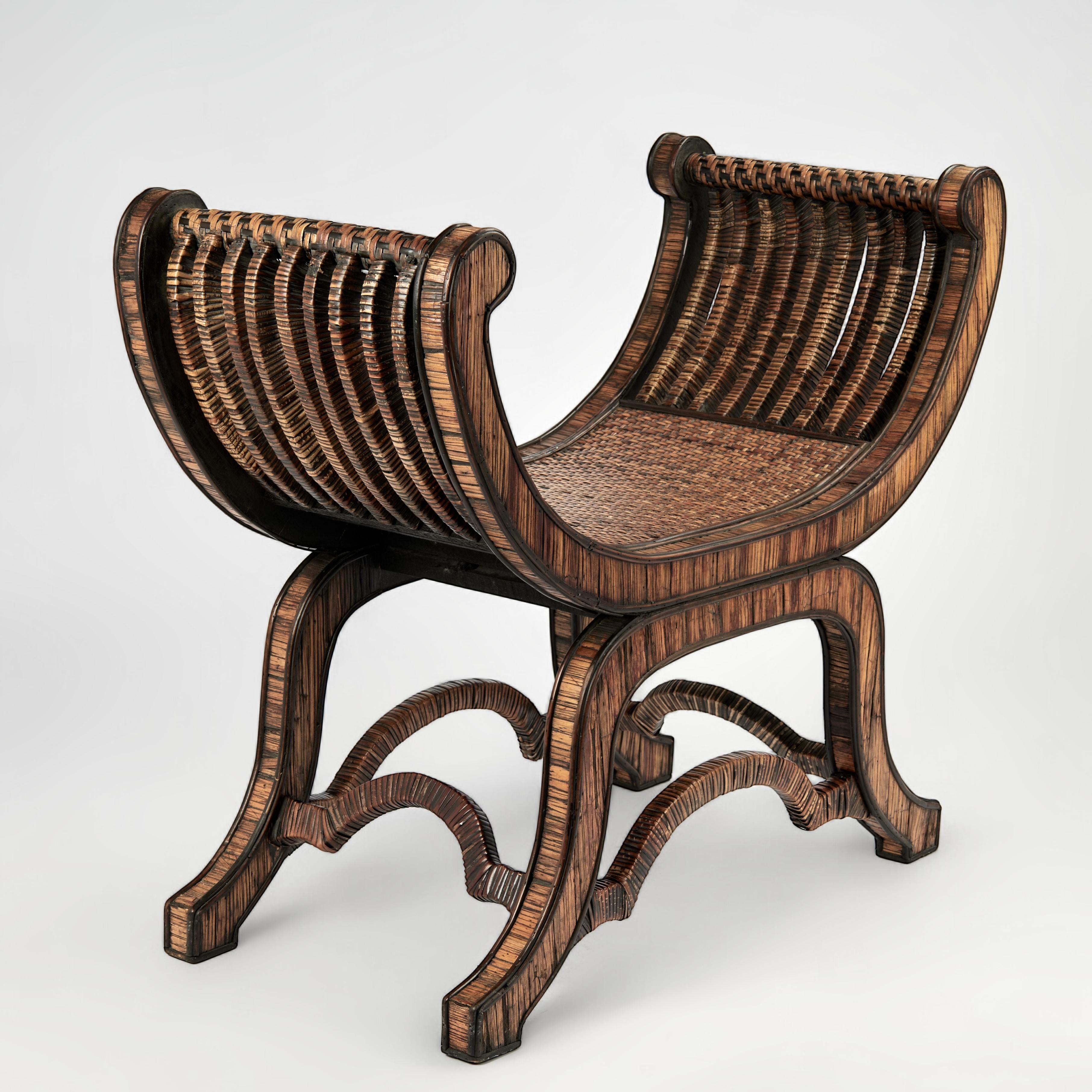 Mid-Century Modern Vintage Rattan and Grasscloth Egyptian Style Bench