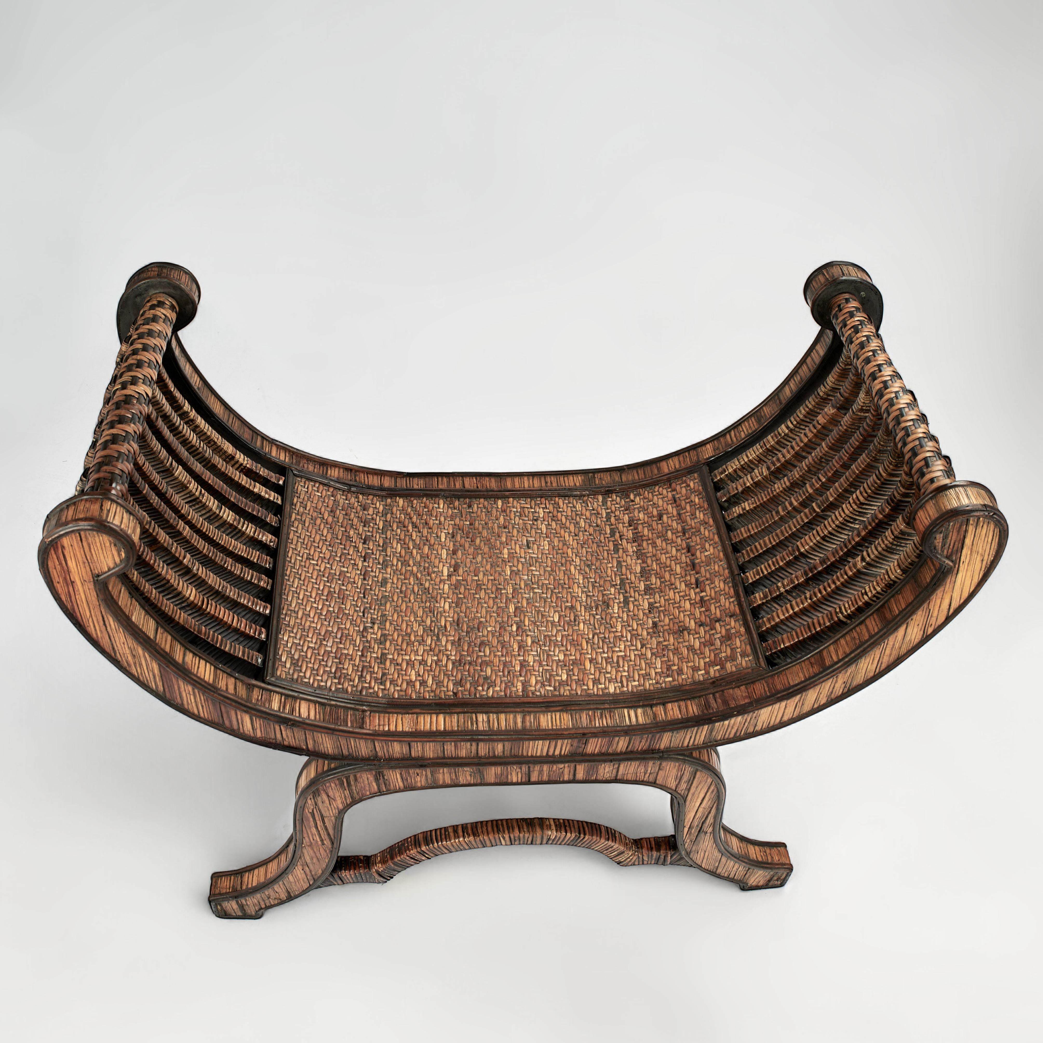 Philippine Vintage Rattan and Grasscloth Egyptian Style Bench