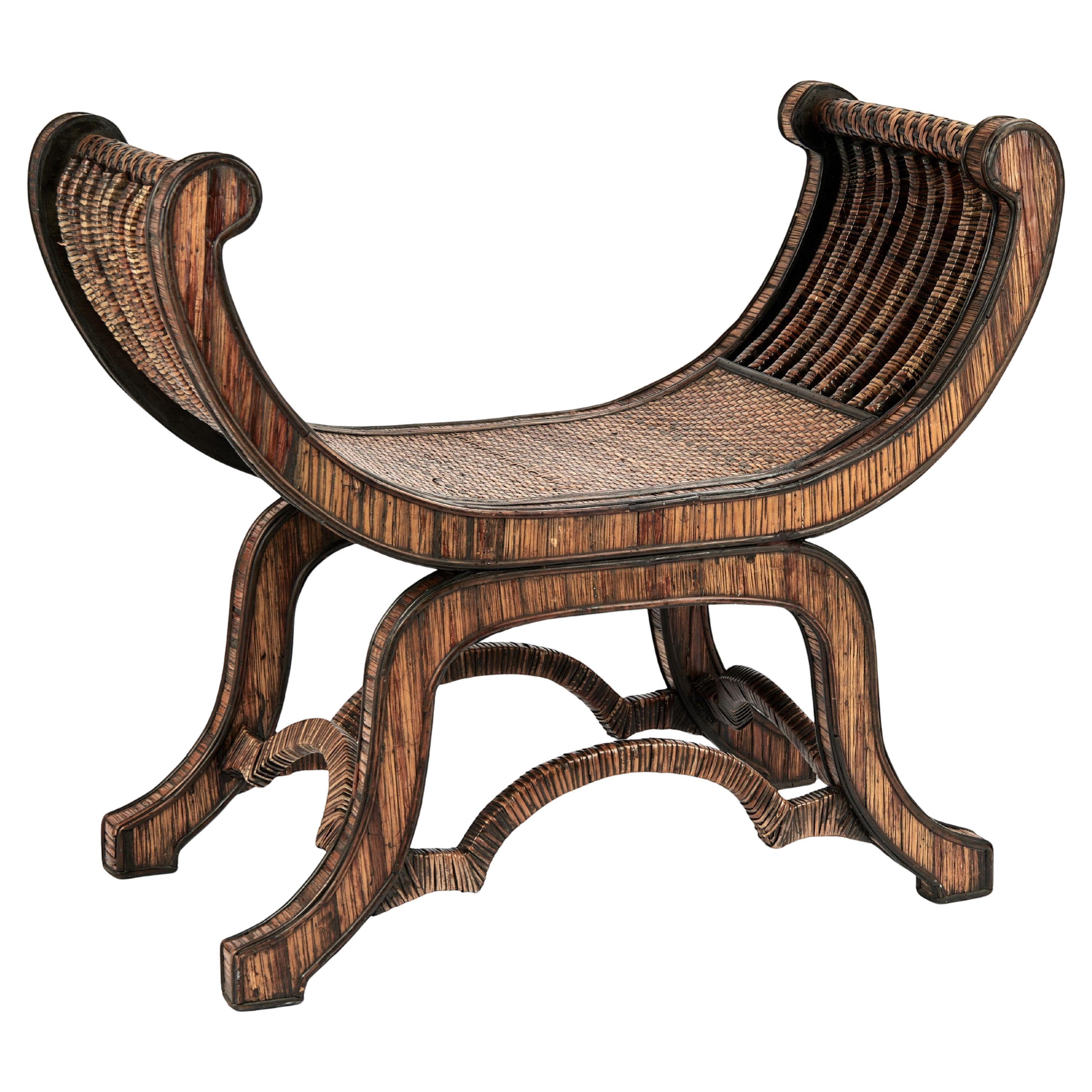 Vintage Rattan and Grasscloth Egyptian Style Bench