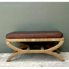 Vintage Rattan and Leather Bench