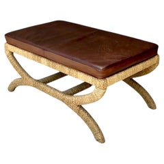 Vintage Rattan and Leather Bench