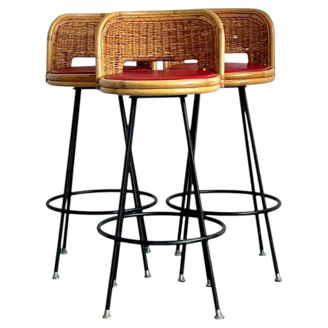 Vintage Rattan and Metal Bar Stools - Set of 3