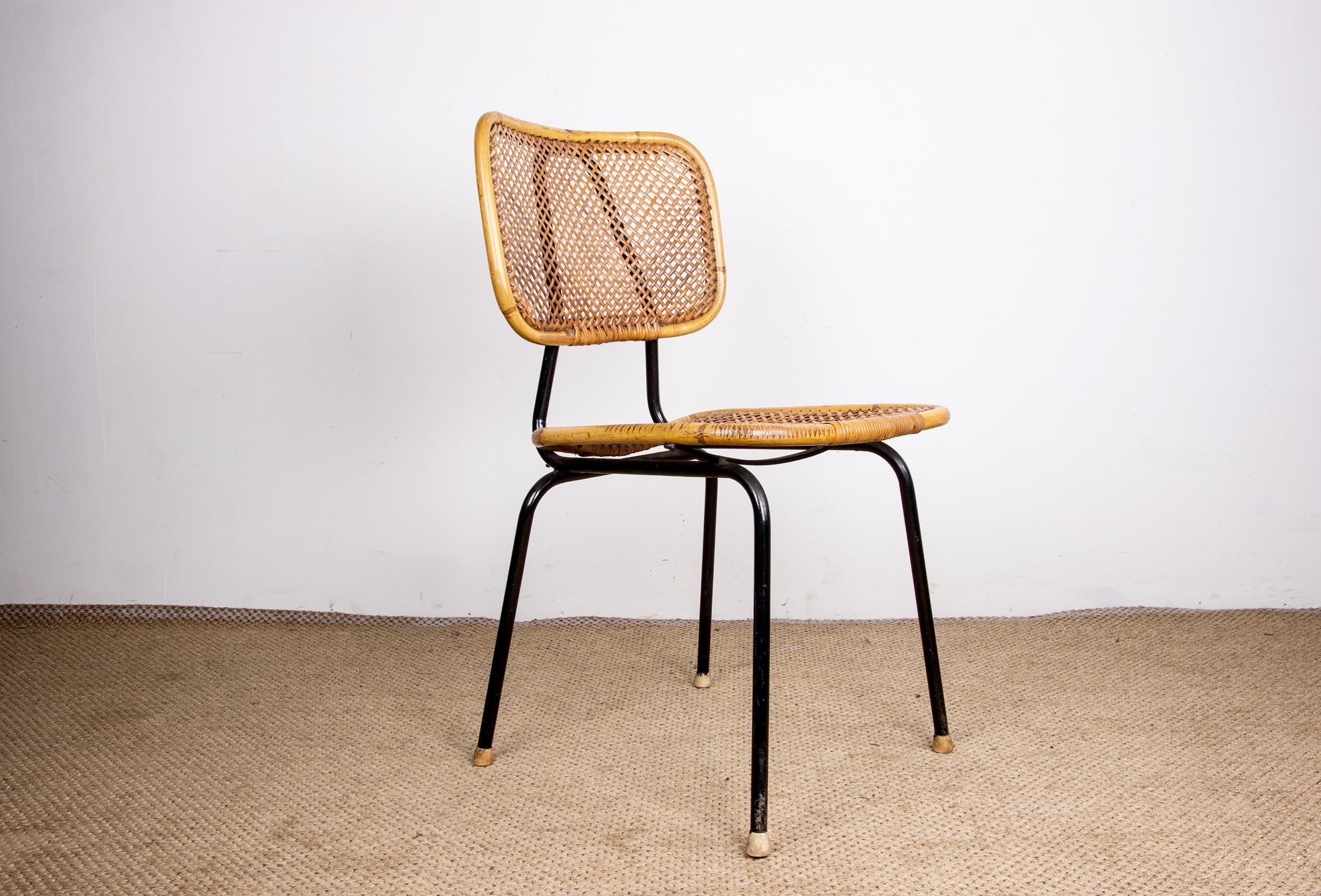 Vintage rattan and metal chair by Dirk Van Sliedrecht for Rohé Noordwolde 1950. In Good Condition For Sale In JOINVILLE-LE-PONT, FR