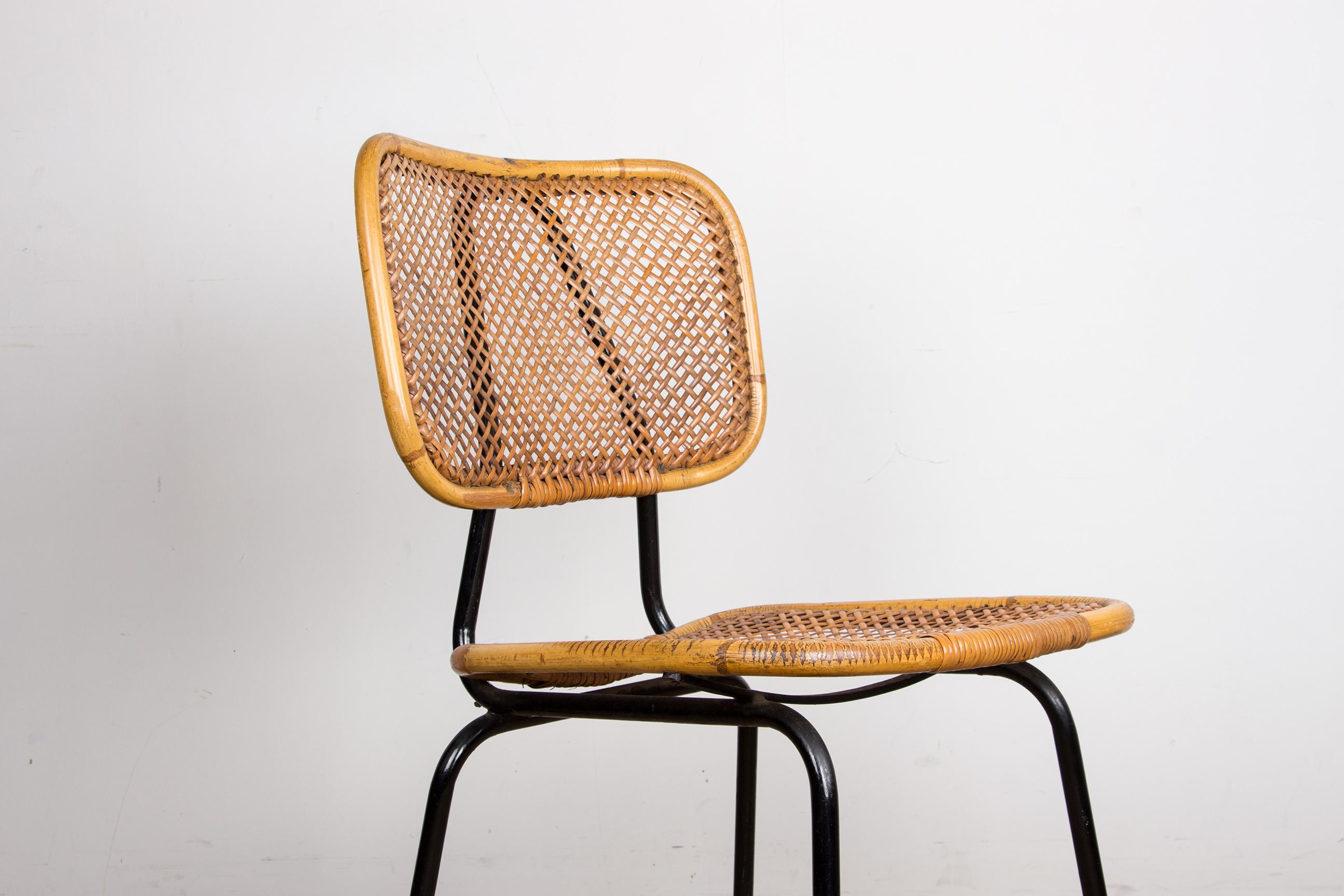 Mid-20th Century Vintage rattan and metal chair by Dirk Van Sliedrecht for Rohé Noordwolde 1950. For Sale