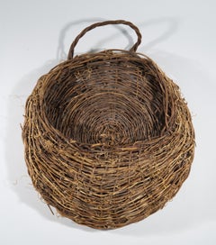 Vintage Rattan and Plant Fibers Rounded Woven Hanging Ikebana Basket