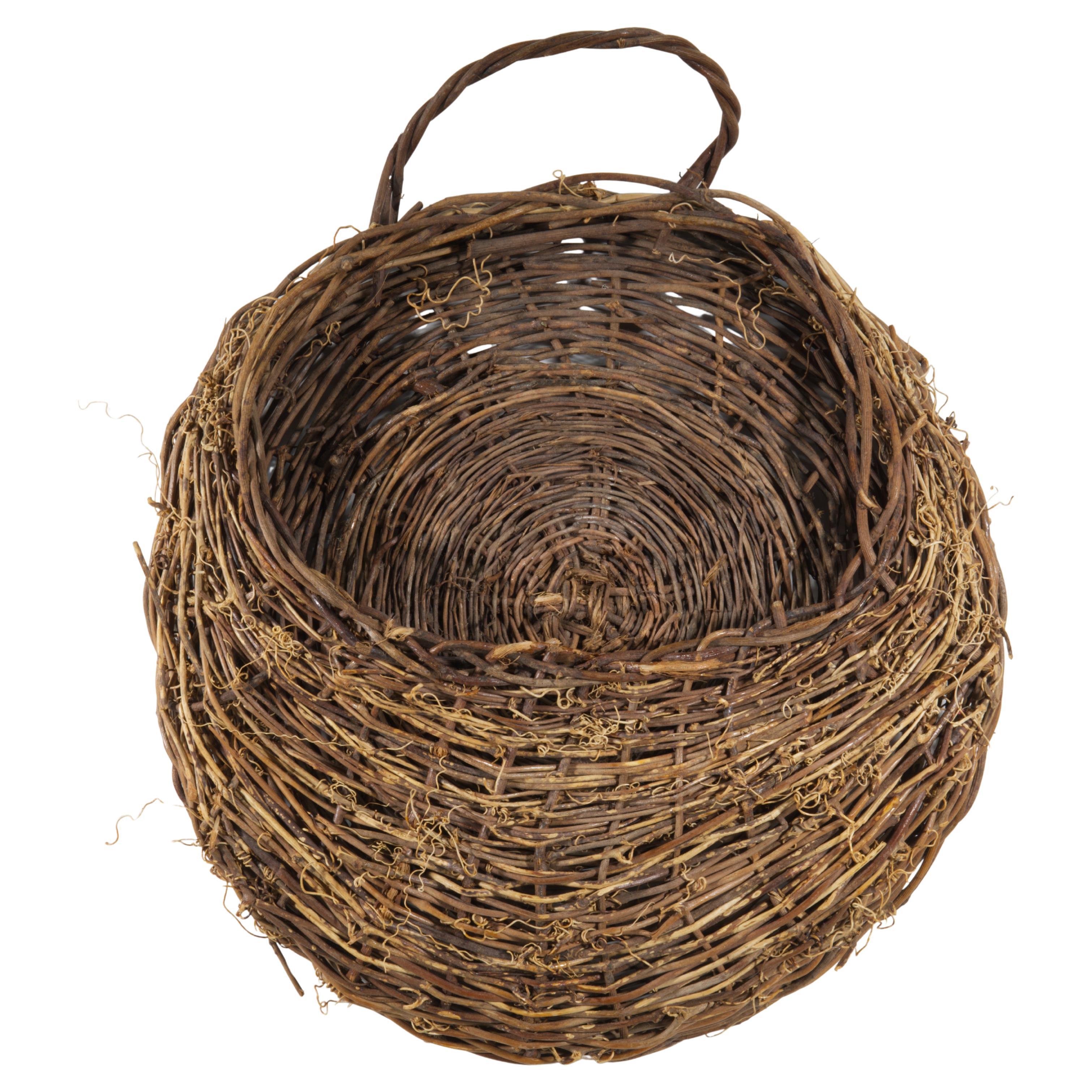 Vintage Rattan and Plant Fibers Rounded Woven Hanging Ikebana Basket