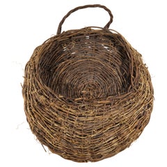 Vintage Rattan and Plant Fibers Rounded Woven Hanging Ikebana Basket