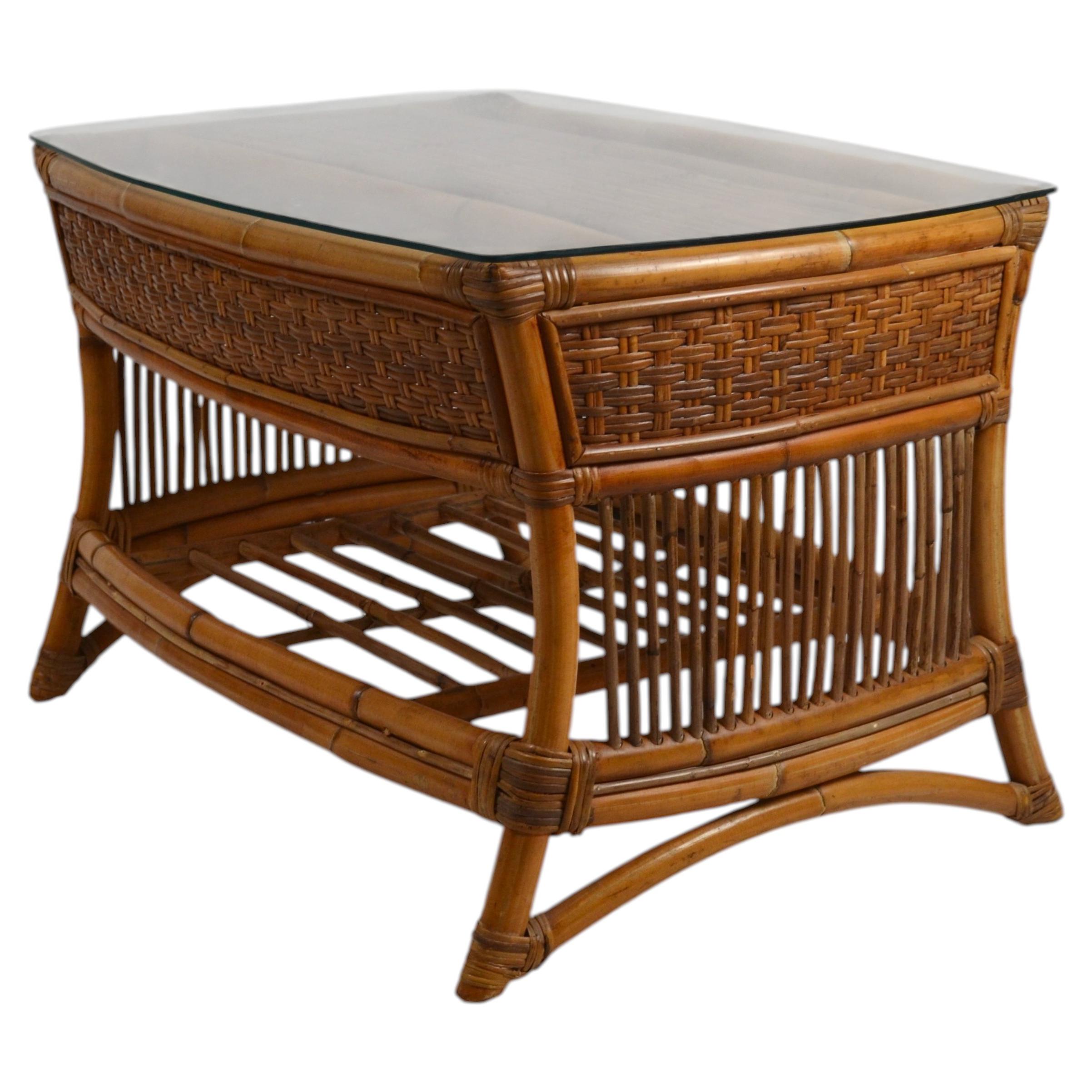 Vintage Rattan and Wicker Coffee Table with Glass Top, 1960s