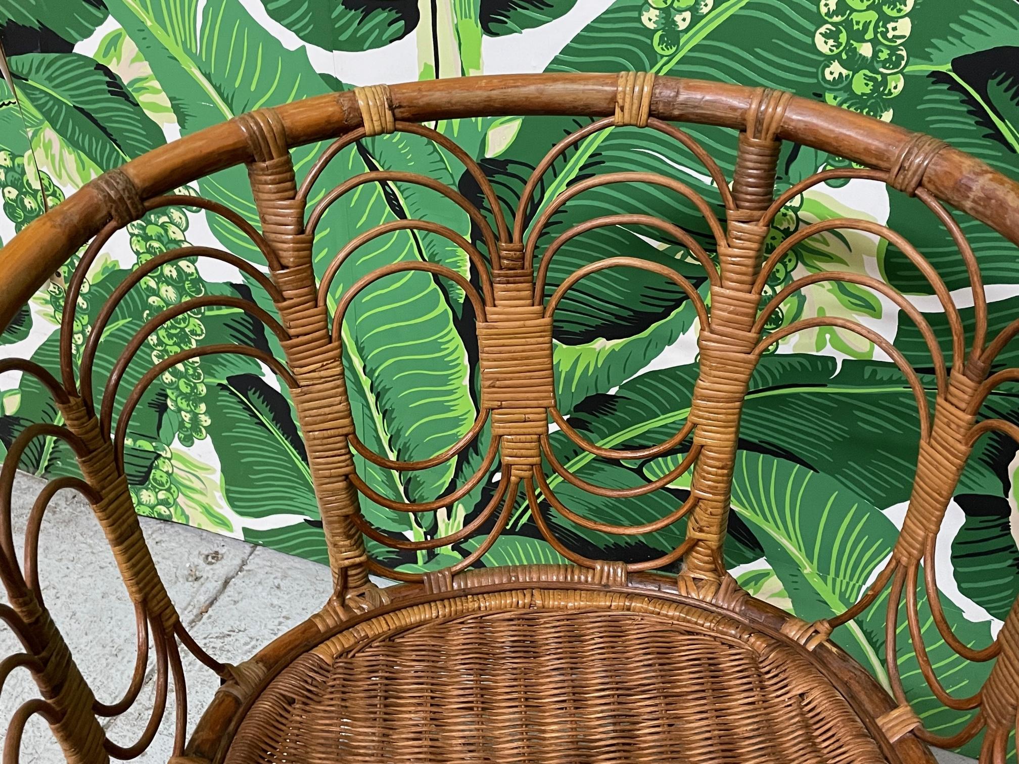 Organic Modern Vintage Rattan and Wicker Dining Set, Table and Four Chairs