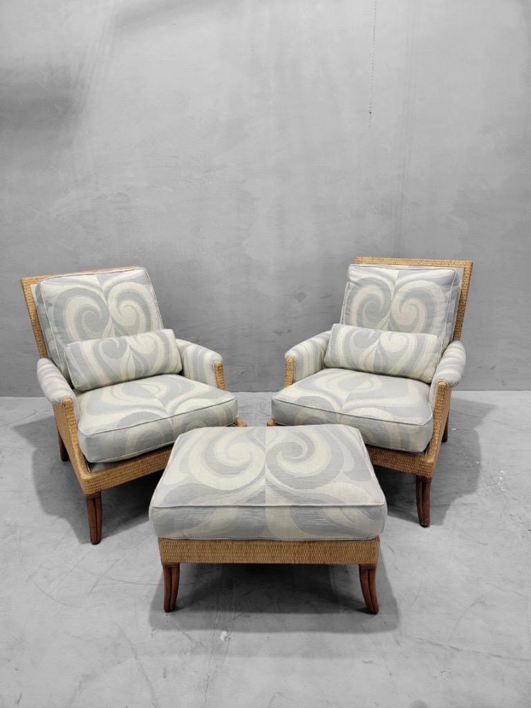 Vintage Rattan and Wicker Umbria Lounge Chairs With Ottoman Styled after Mcquire-- Set of 2

Styled after Orlando Diaz-Azcuy for McGuire, the set includes 2 lounge chairs and ottoman in original upholstery, contemporary light blue and white fabric.