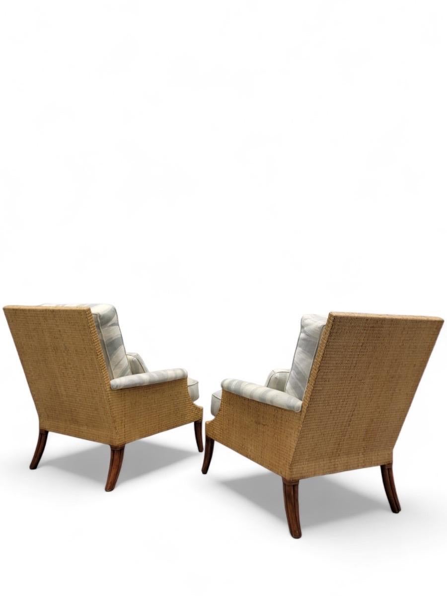Rustic Vintage Rattan and Wicker Umbria Lounge Chairs With Ottoman Styled after Mcquire For Sale