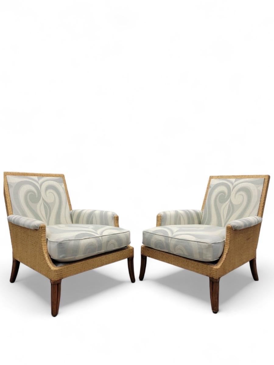 American Vintage Rattan and Wicker Umbria Lounge Chairs With Ottoman Styled after Mcquire For Sale