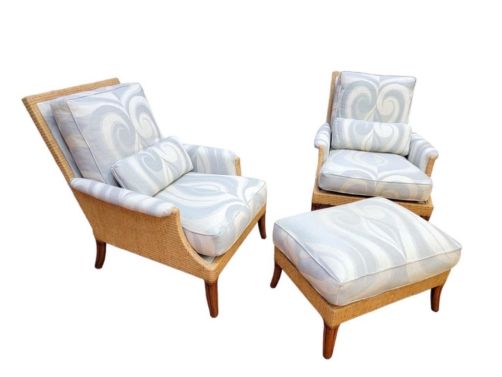 Vintage Rattan and Wicker Umbria Lounge Chairs With Ottoman Styled after Mcquire In Good Condition For Sale In Chicago, IL