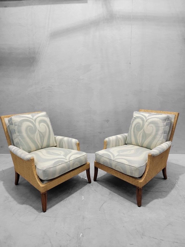 Upholstery Vintage Rattan and Wicker Umbria Lounge Chairs With Ottoman Styled after Mcquire For Sale