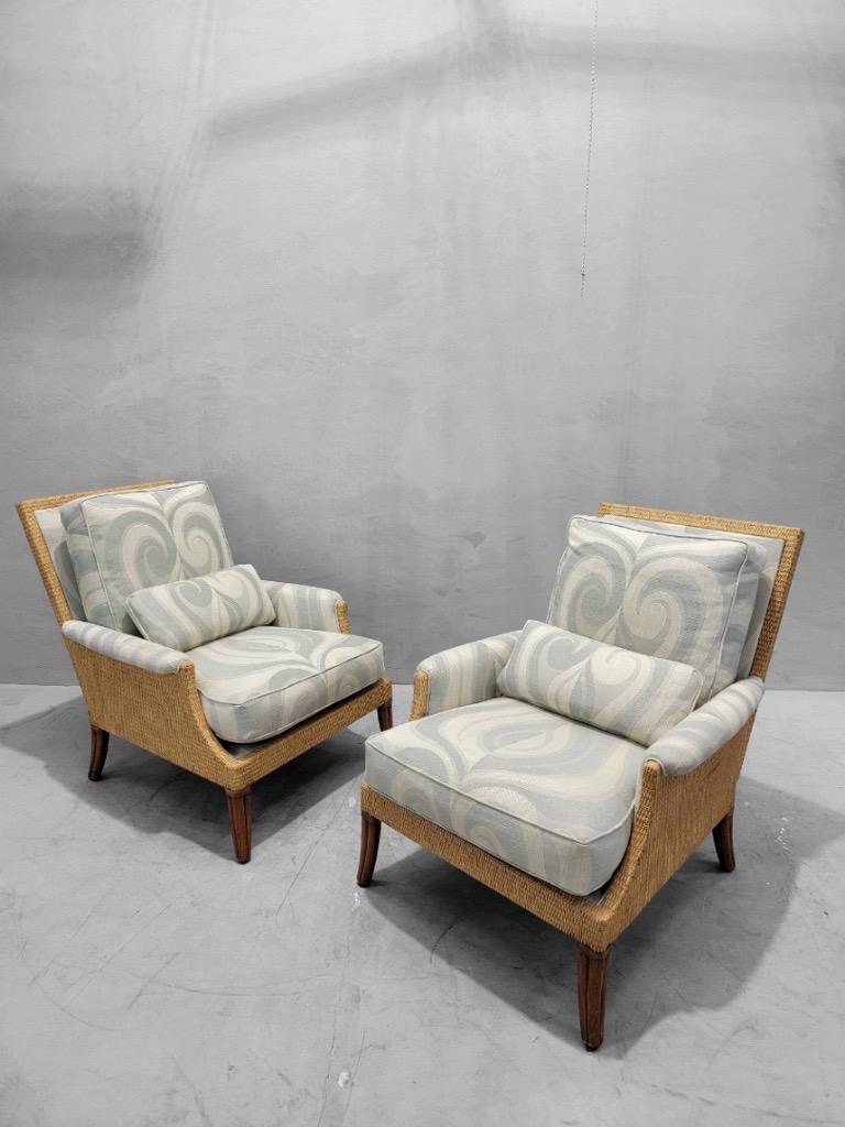 Vintage Rattan and Wicker Umbria Lounge Chairs With Ottoman Styled after Mcquire For Sale 1