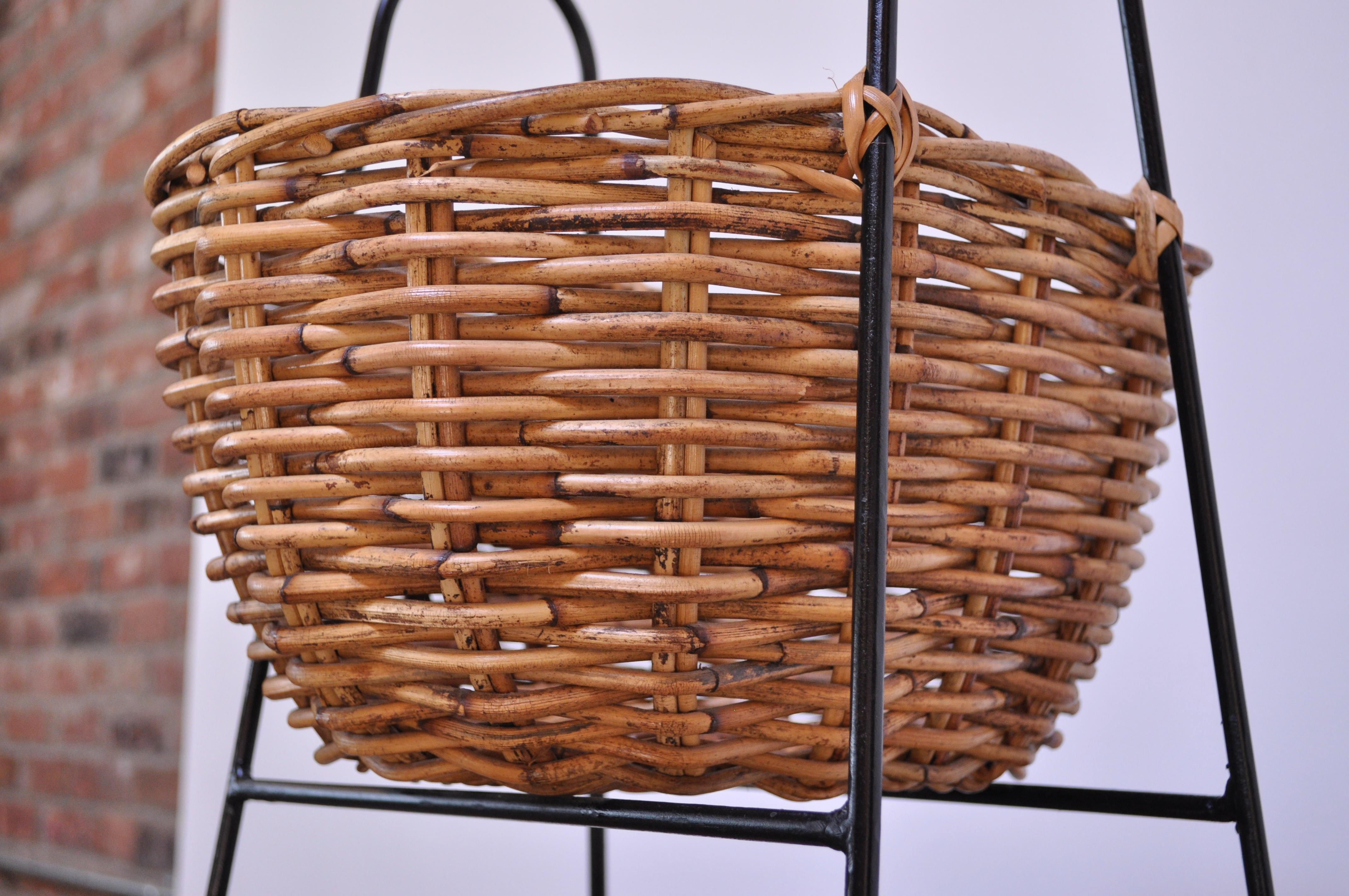 Mid-20th Century Vintage Rattan and Wrought Iron Three-Tiered Basket Stand