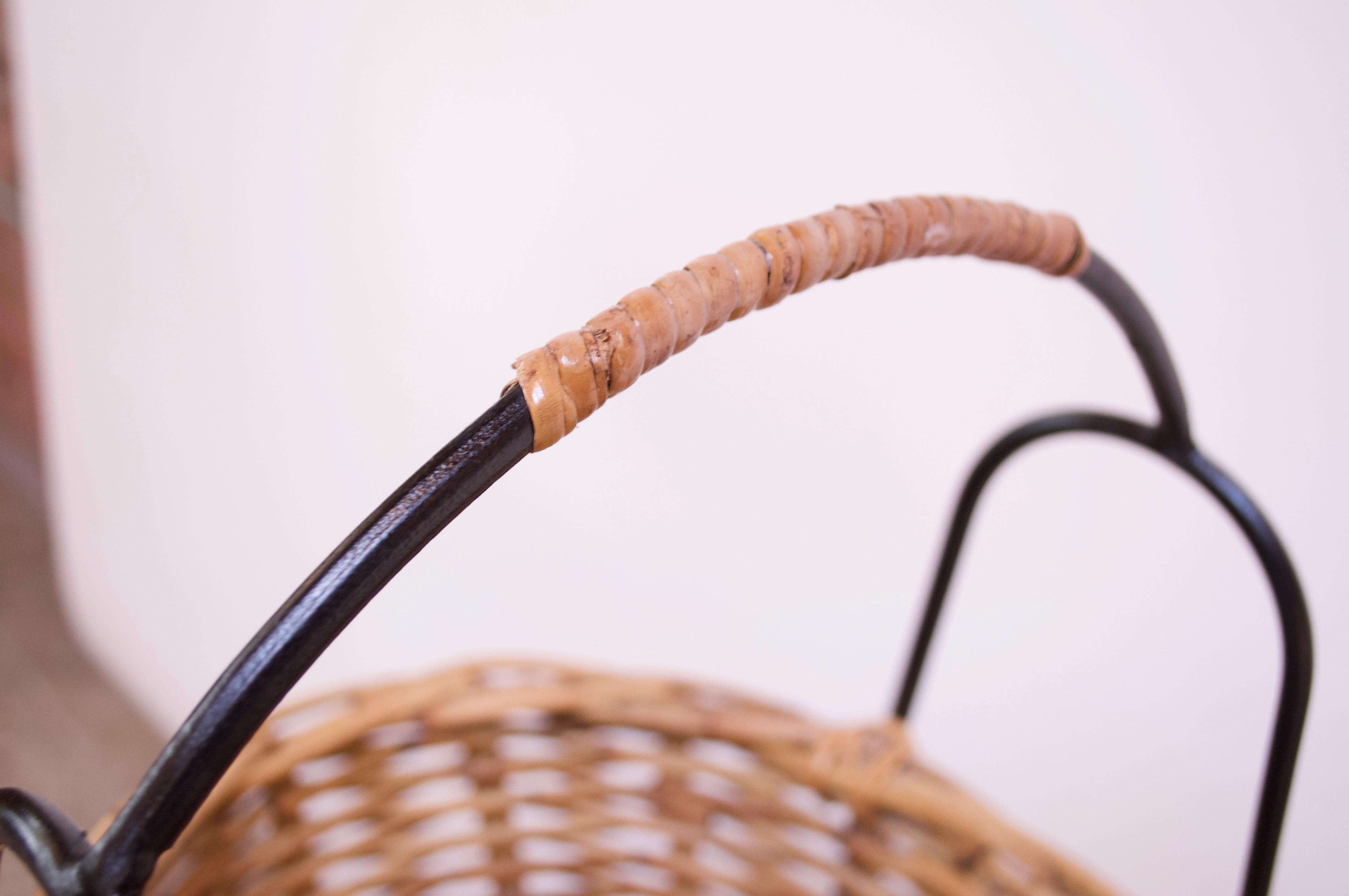 Vintage Rattan and Wrought Iron Three-Tiered Basket Stand 6