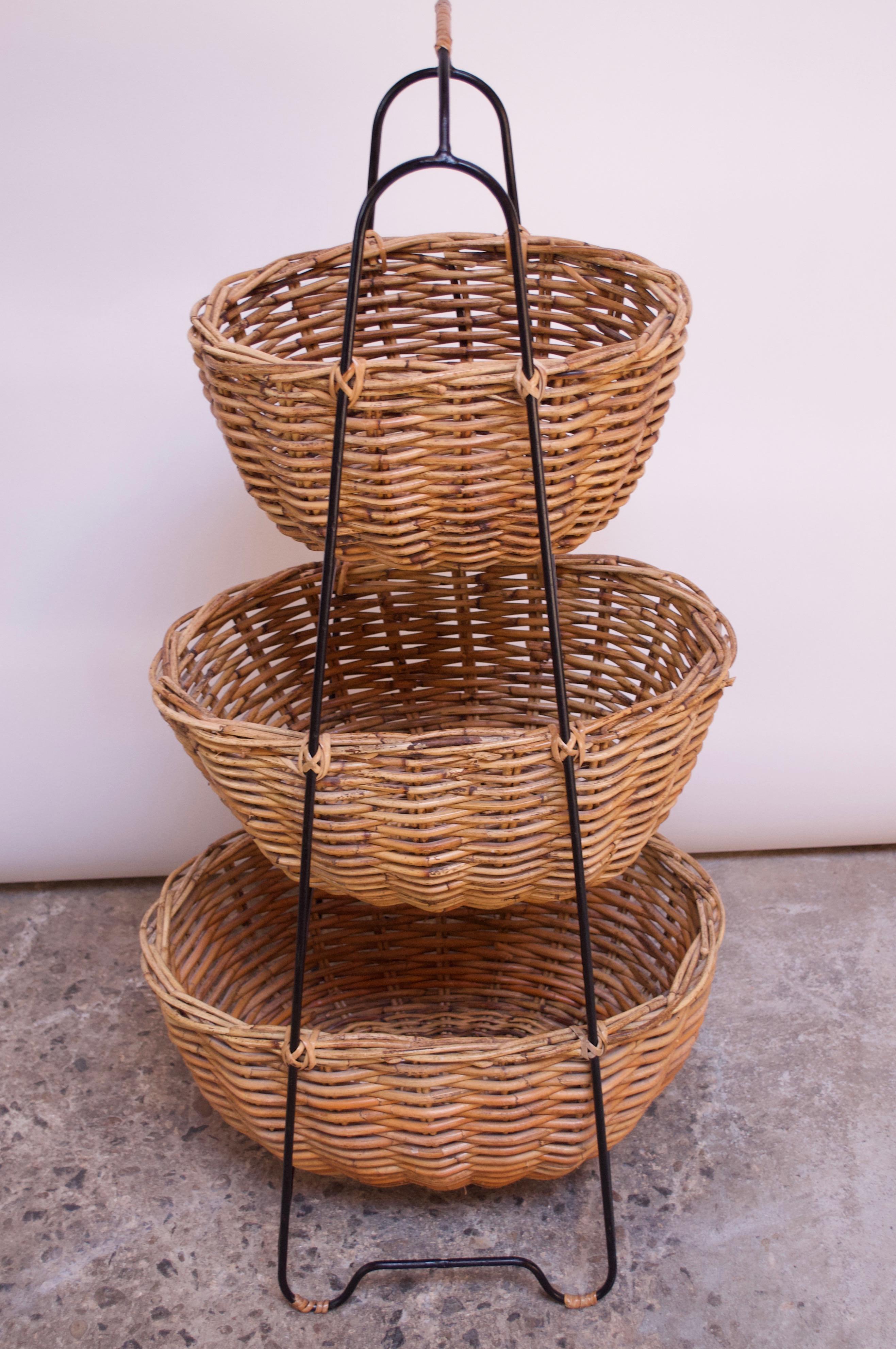Mid-Century Modern Vintage Rattan and Wrought Iron Three-Tiered Basket Stand