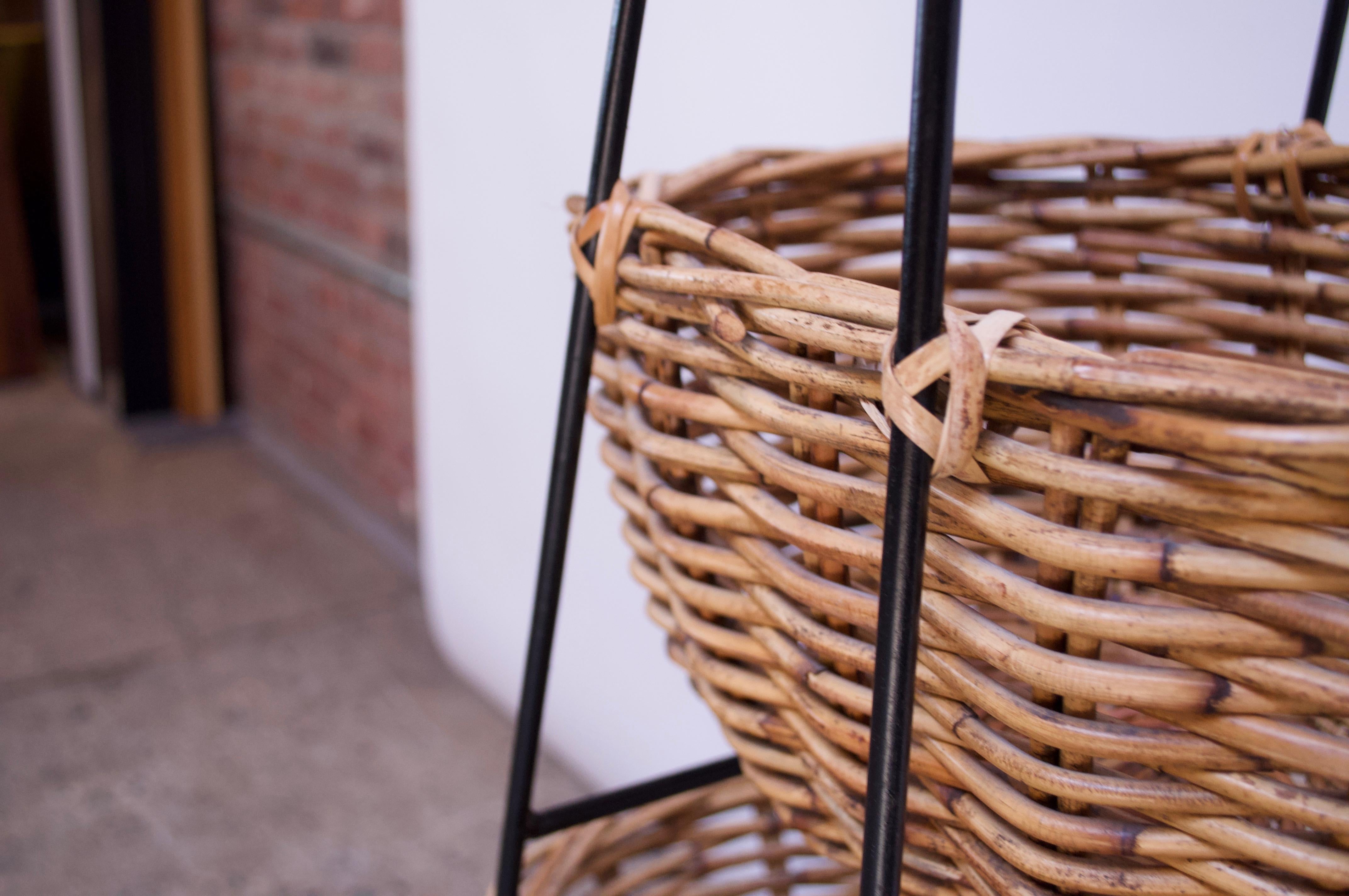 Vintage Rattan and Wrought Iron Three-Tiered Basket Stand 2