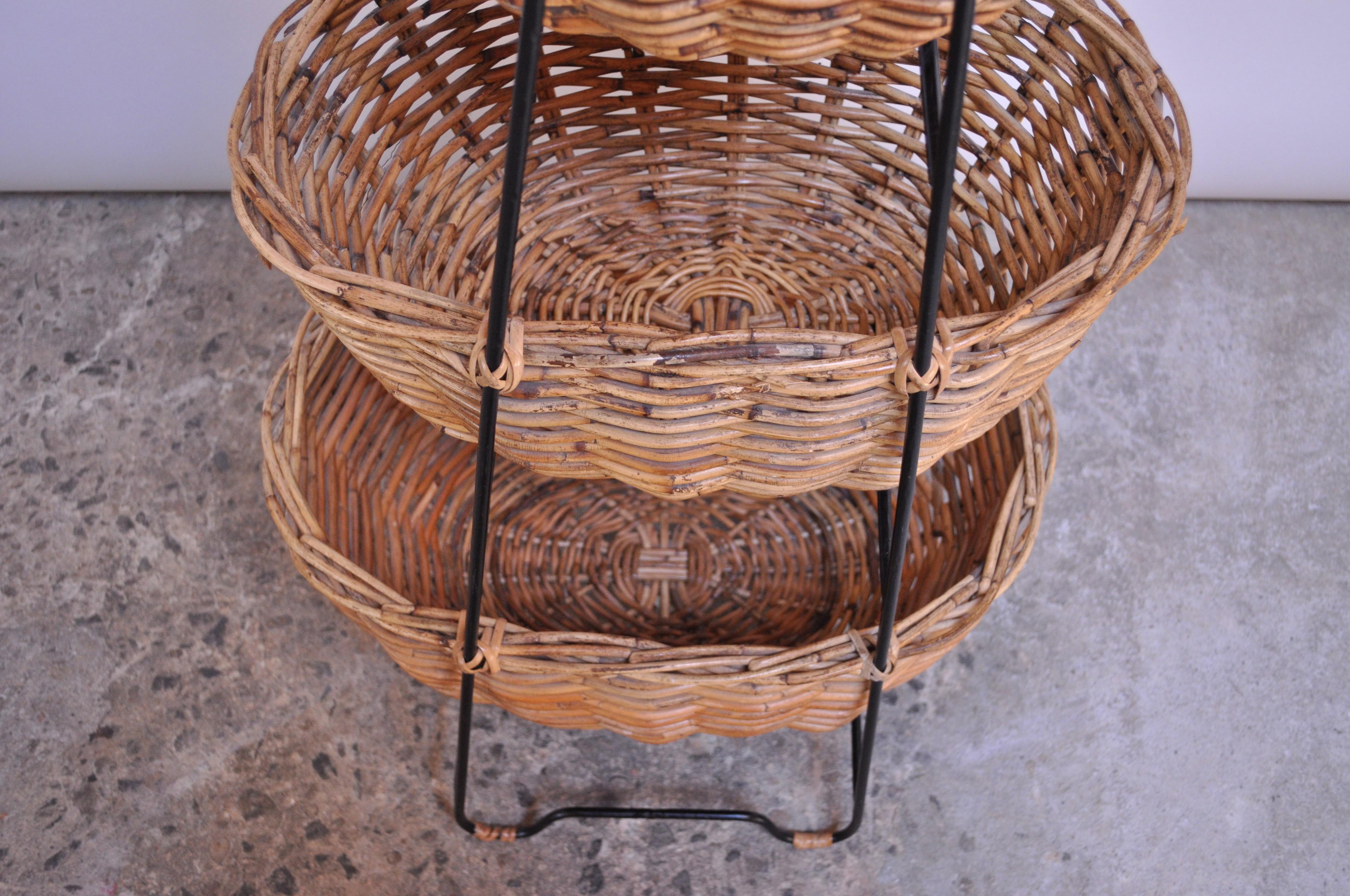 Vintage Rattan and Wrought Iron Three-Tiered Basket Stand 3