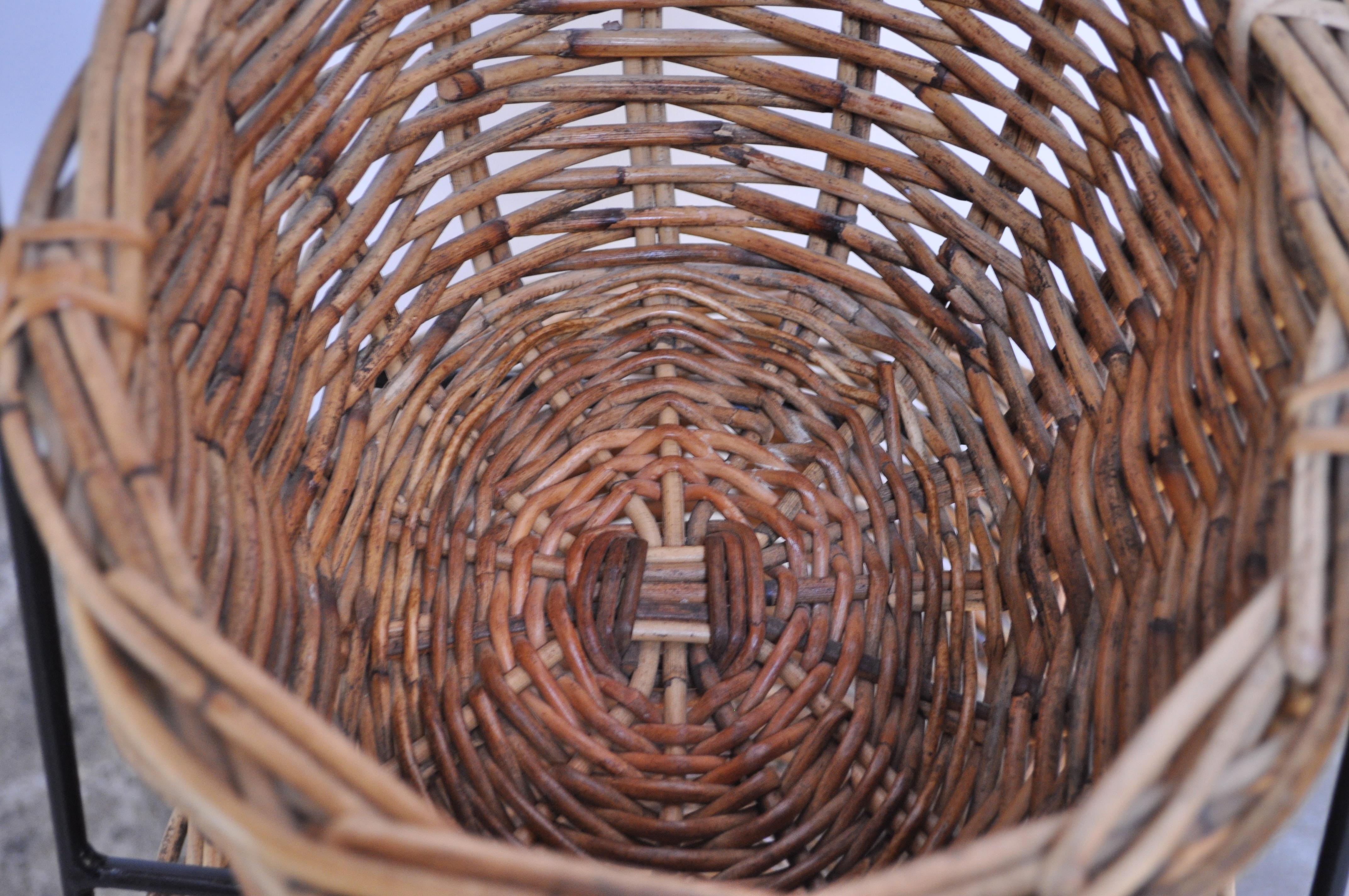 Vintage Rattan and Wrought Iron Three-Tiered Basket Stand 4