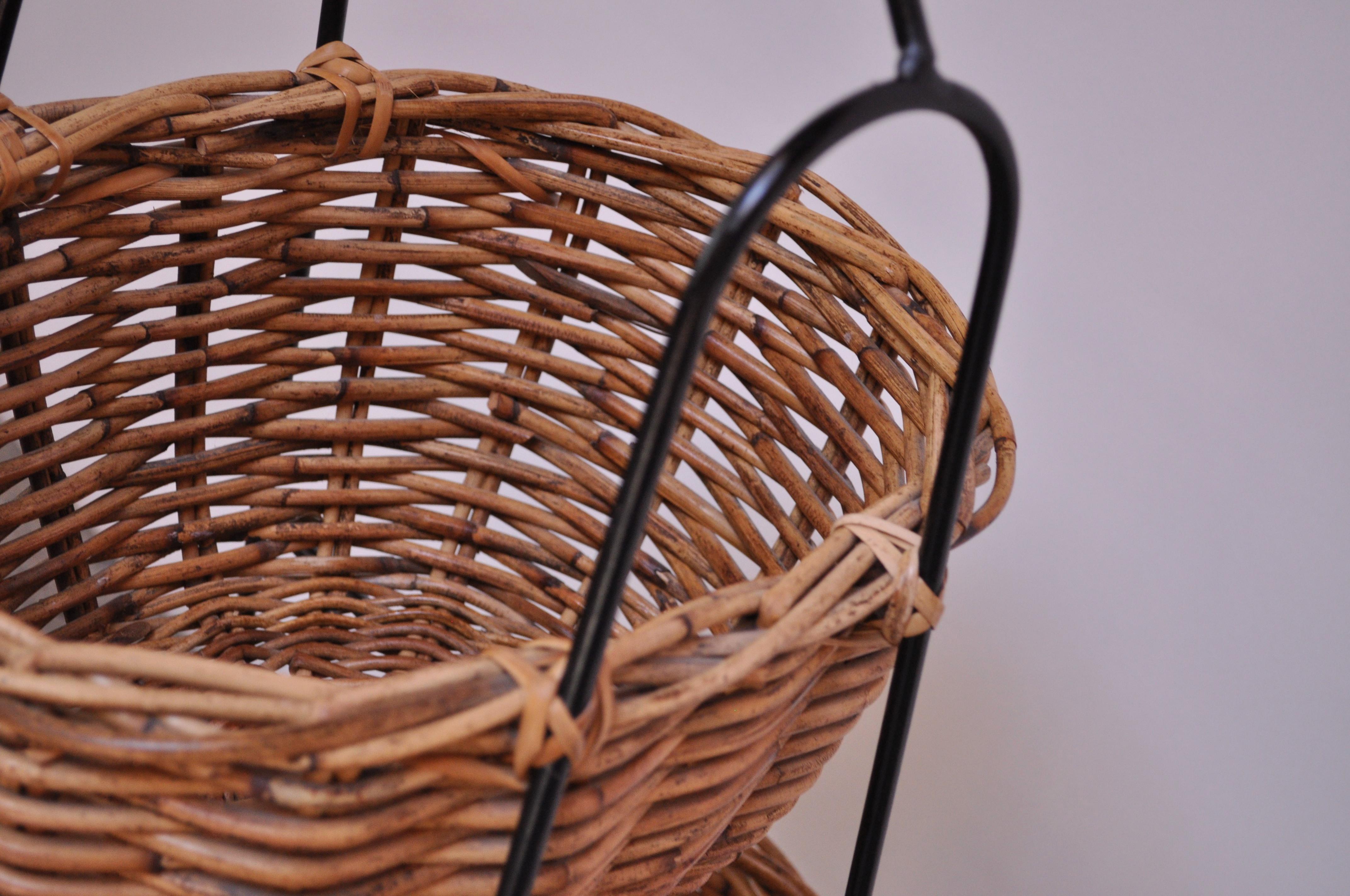 Cane Vintage Rattan and Wrought Iron Three-Tiered Basket Stand
