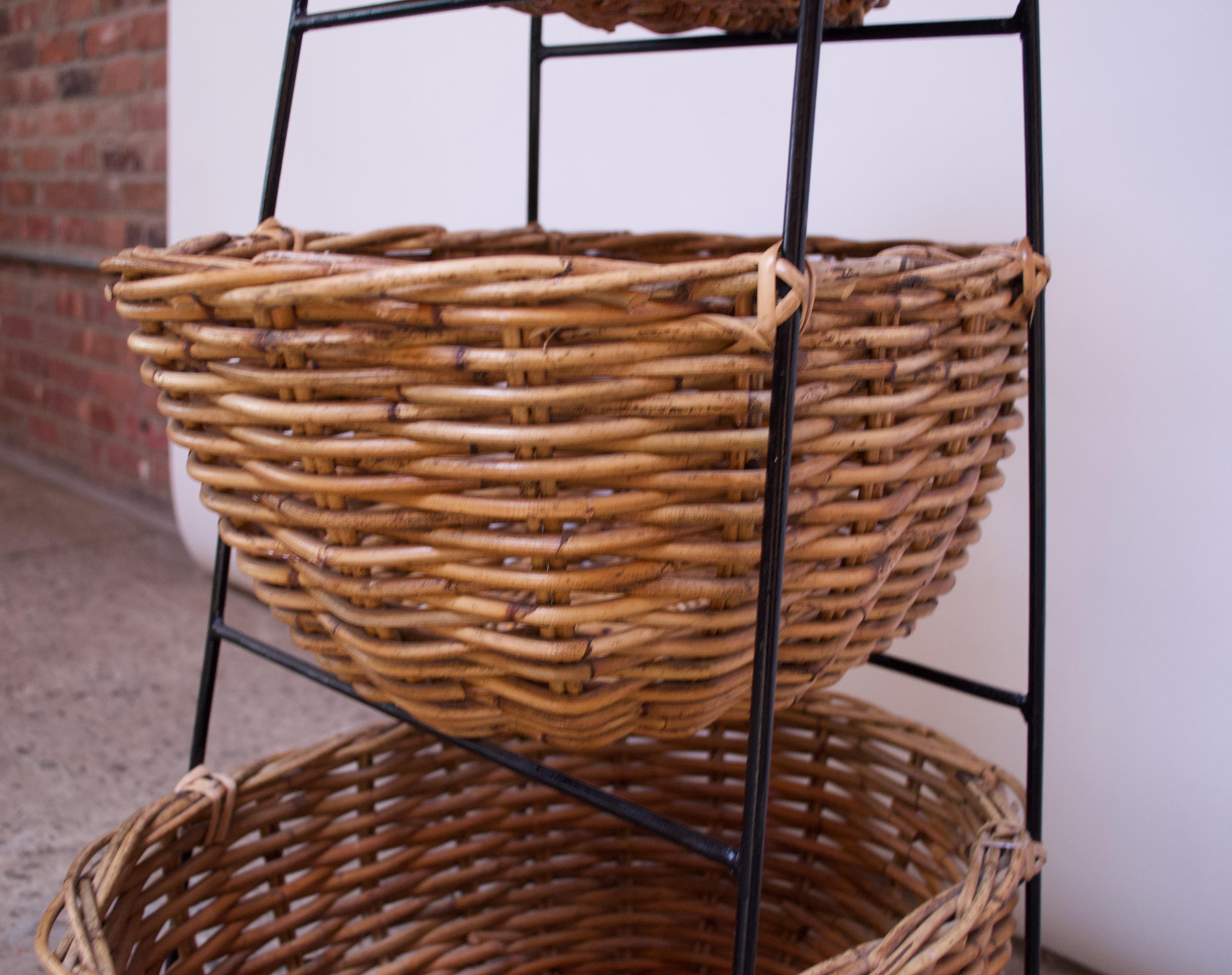 Vintage Rattan and Wrought Iron Three-Tiered Basket Stand In Good Condition In Brooklyn, NY