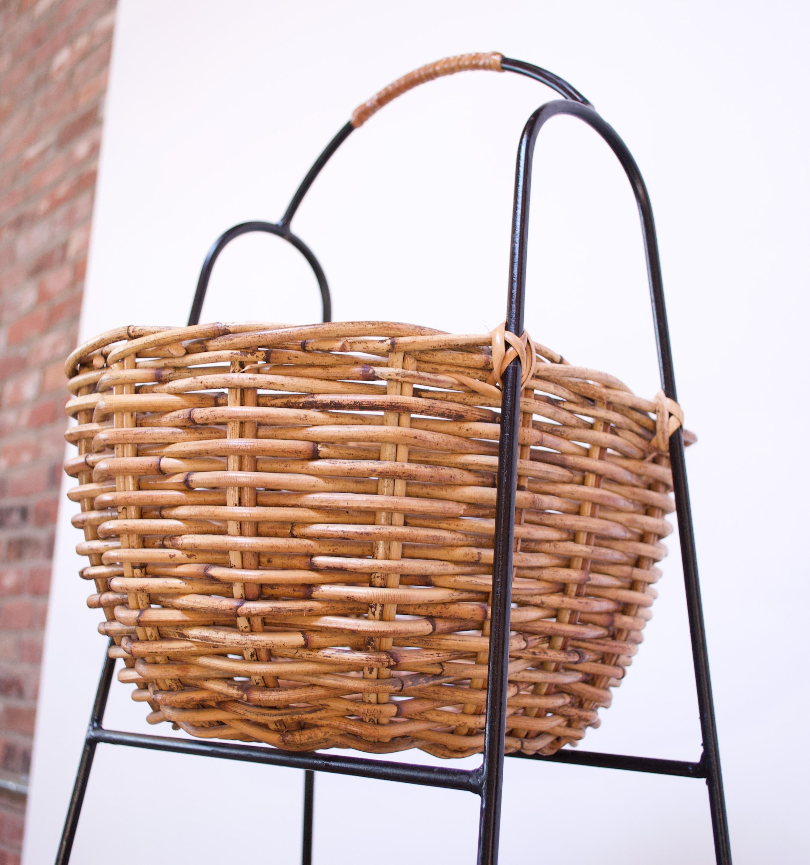 American Vintage Rattan and Wrought Iron Three-Tiered Basket Stand
