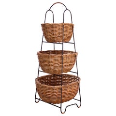 Vintage Rattan and Wrought Iron Three-Tiered Basket Stand