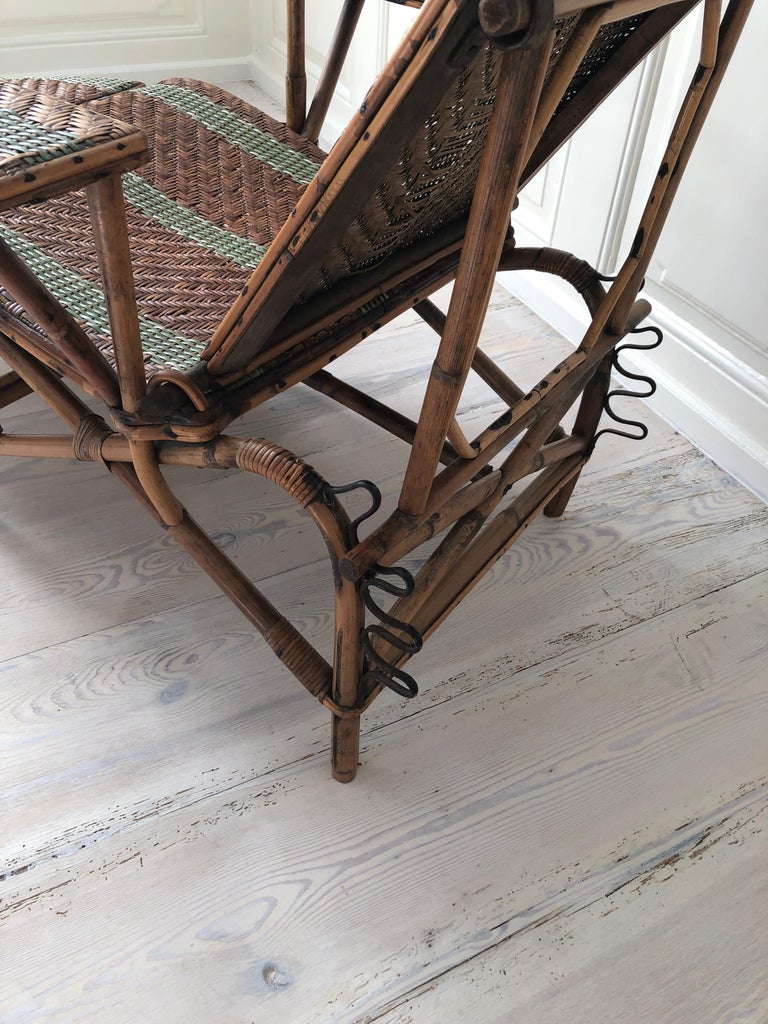 Vintage Rattan Armchair and Footrest with Green Woven Details, France, 1920s For Sale 5