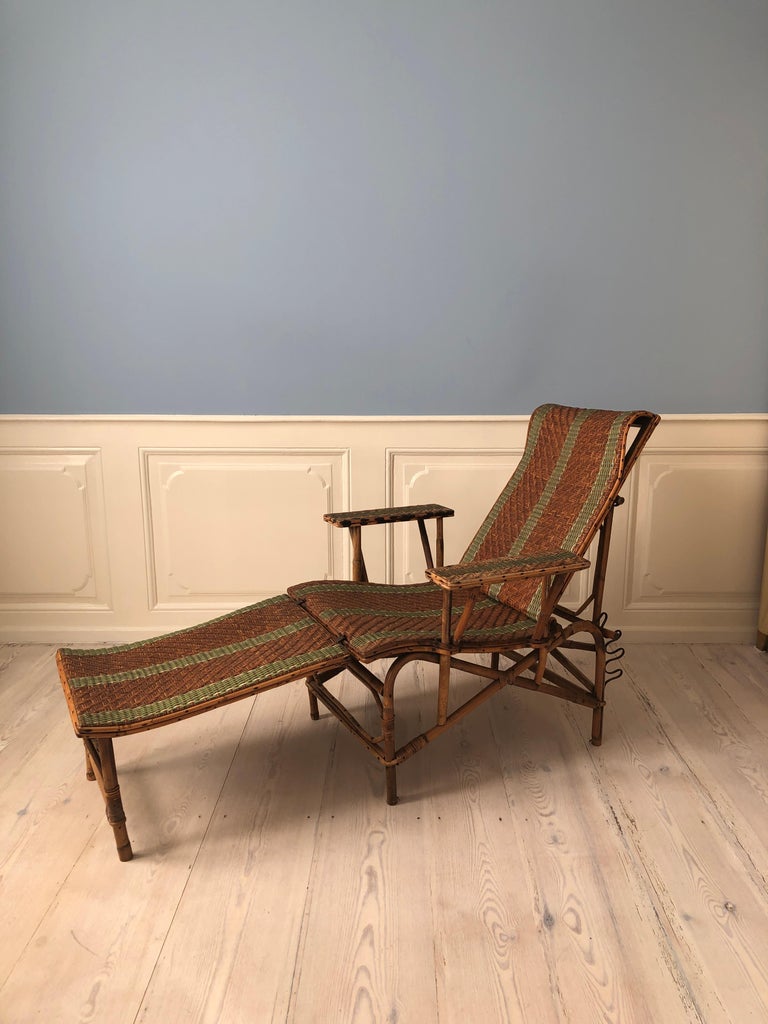 Vintage Rattan Armchair and Footrest with Green Woven Details, France, 1920s For Sale 8