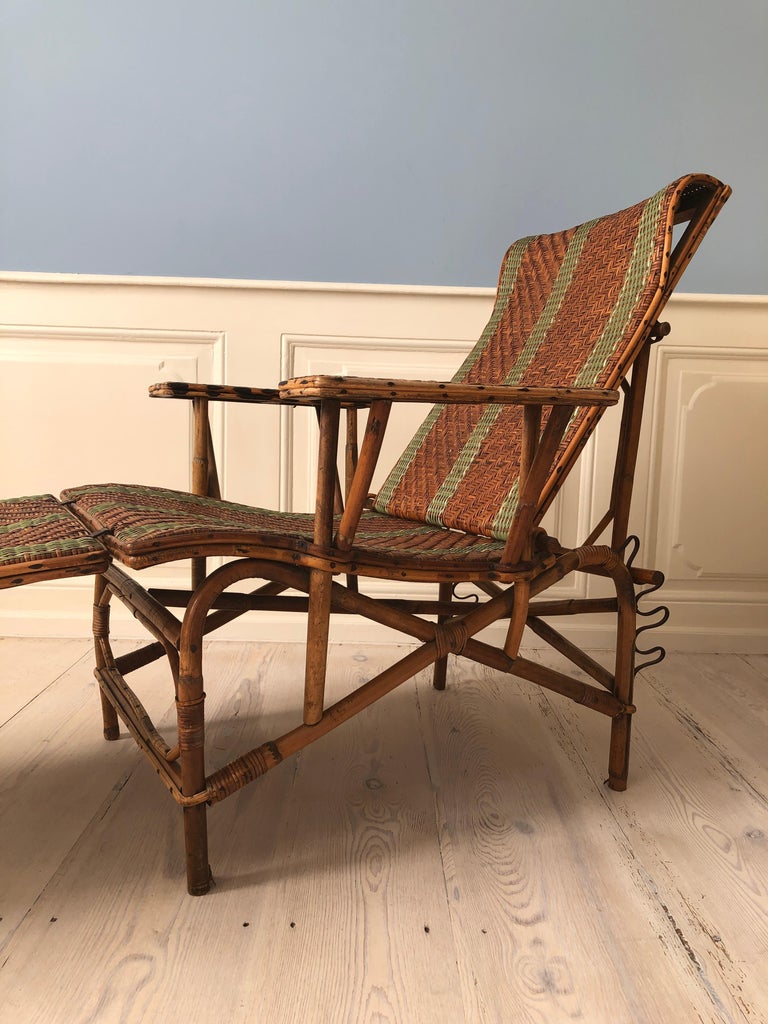 Vintage Rattan Armchair and Footrest with Green Woven Details, France, 1920s For Sale 9