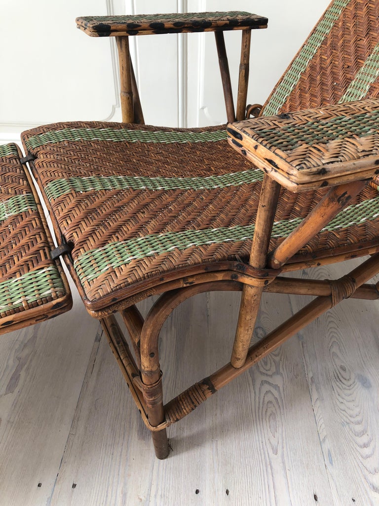 Vintage Rattan Armchair and Footrest with Green Woven Details, France, 1920s For Sale 10