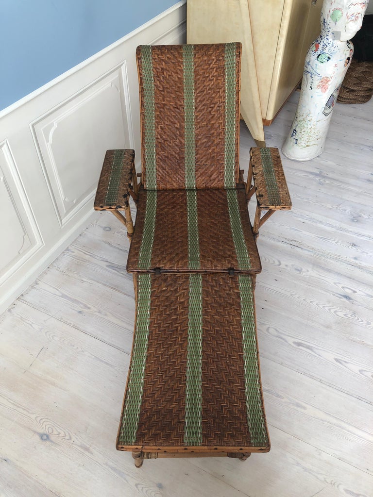 French Vintage Rattan Armchair and Footrest with Green Woven Details, France, 1920s For Sale